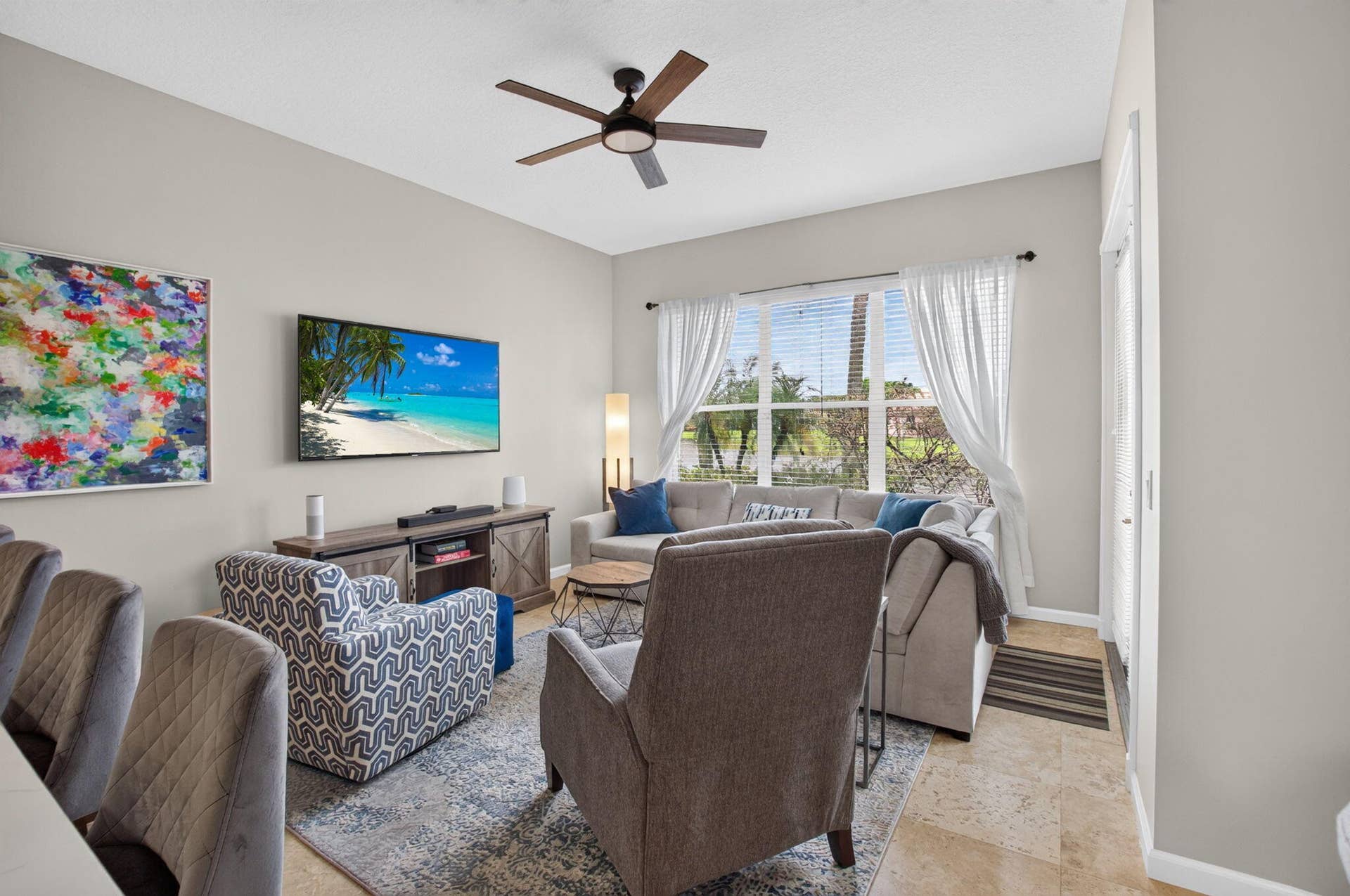 6610 Aston Lane, Boynton Beach, FL 33437 Recessed lighting, ceiling fan with light, large window with blinds, light-toned wall paint, and tile flooring