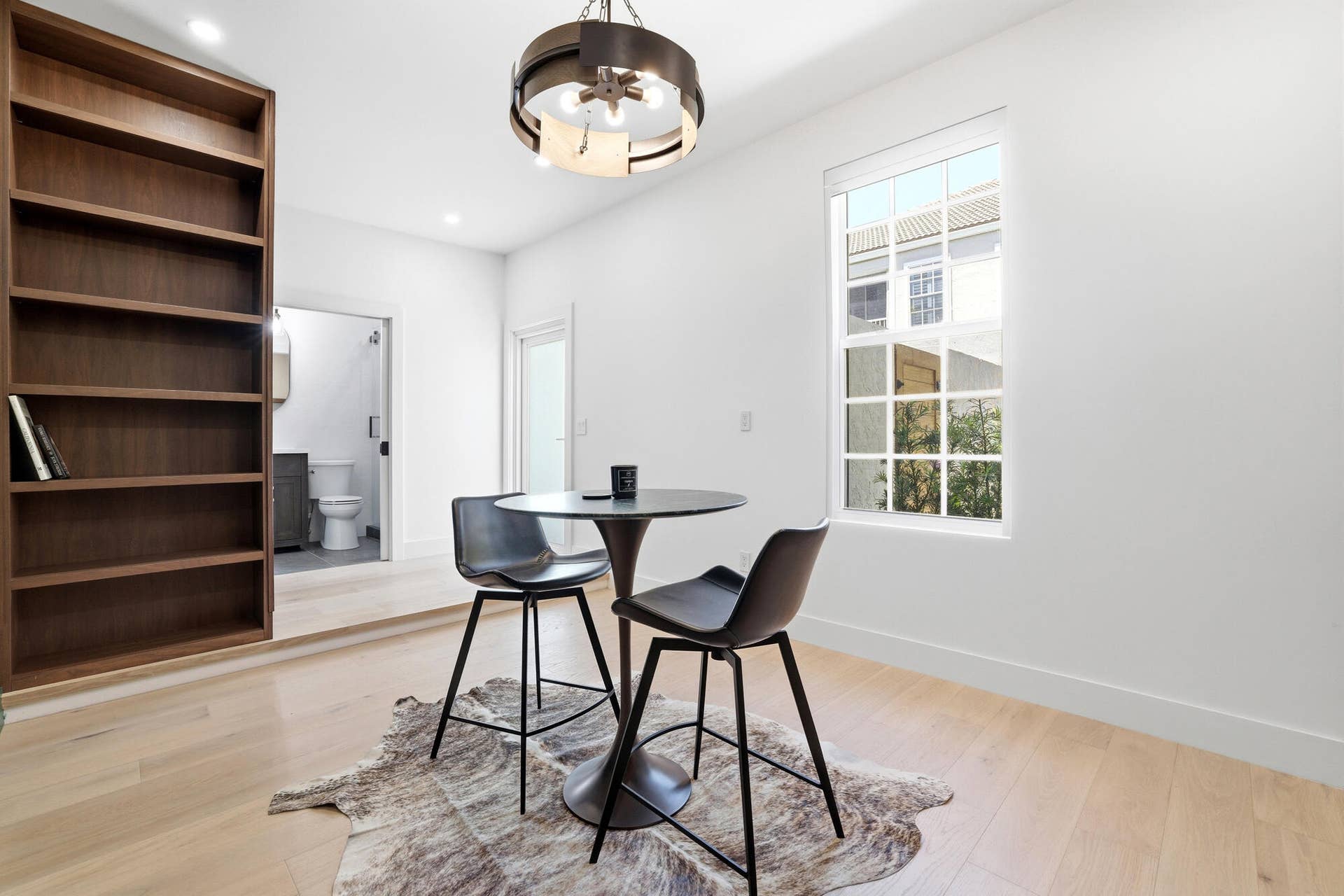 Private entrance and custom built book shelves