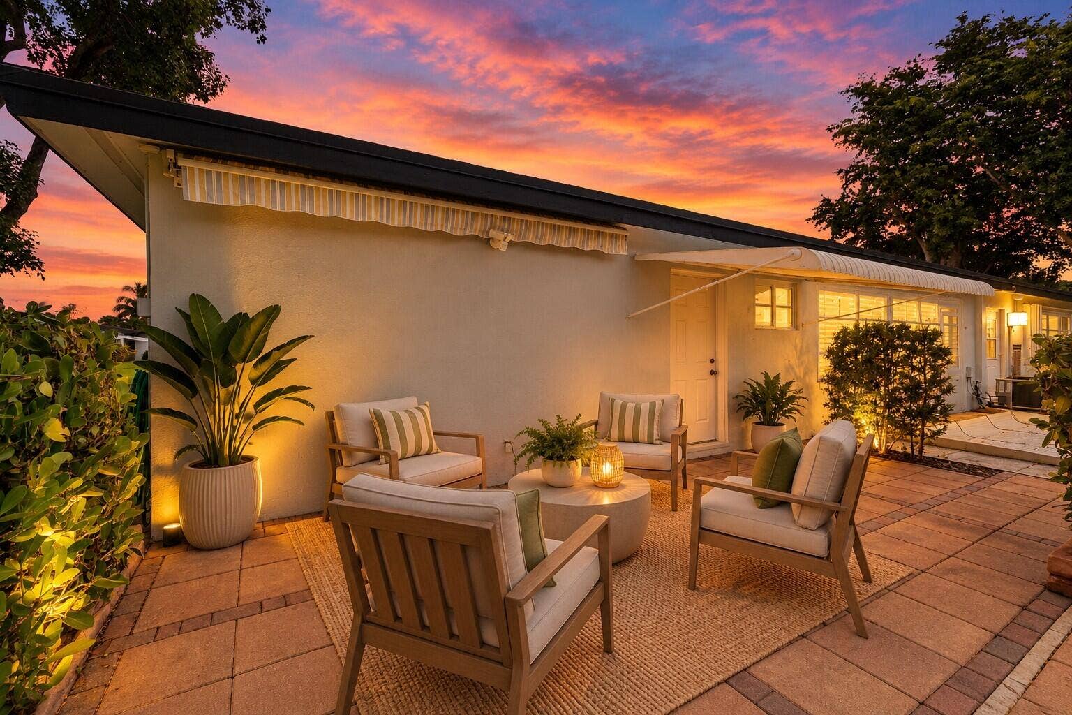 Twilight Patio Lounge Under Striped Awni