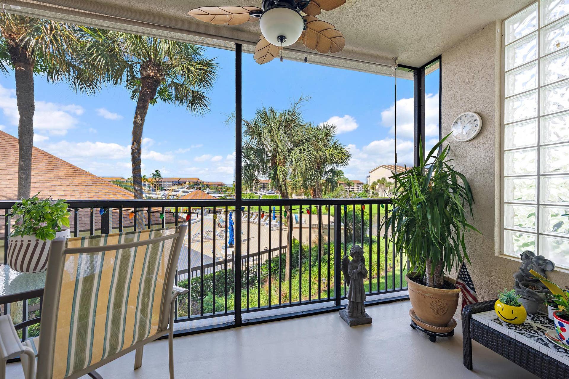 Wonderful patio space offering privacy yet views of the lake, marina, and pool.