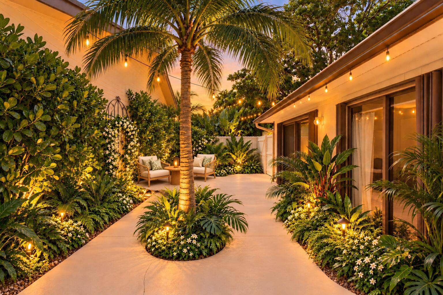 Virtual Render: Plantings & cafe string lights create your oasis!