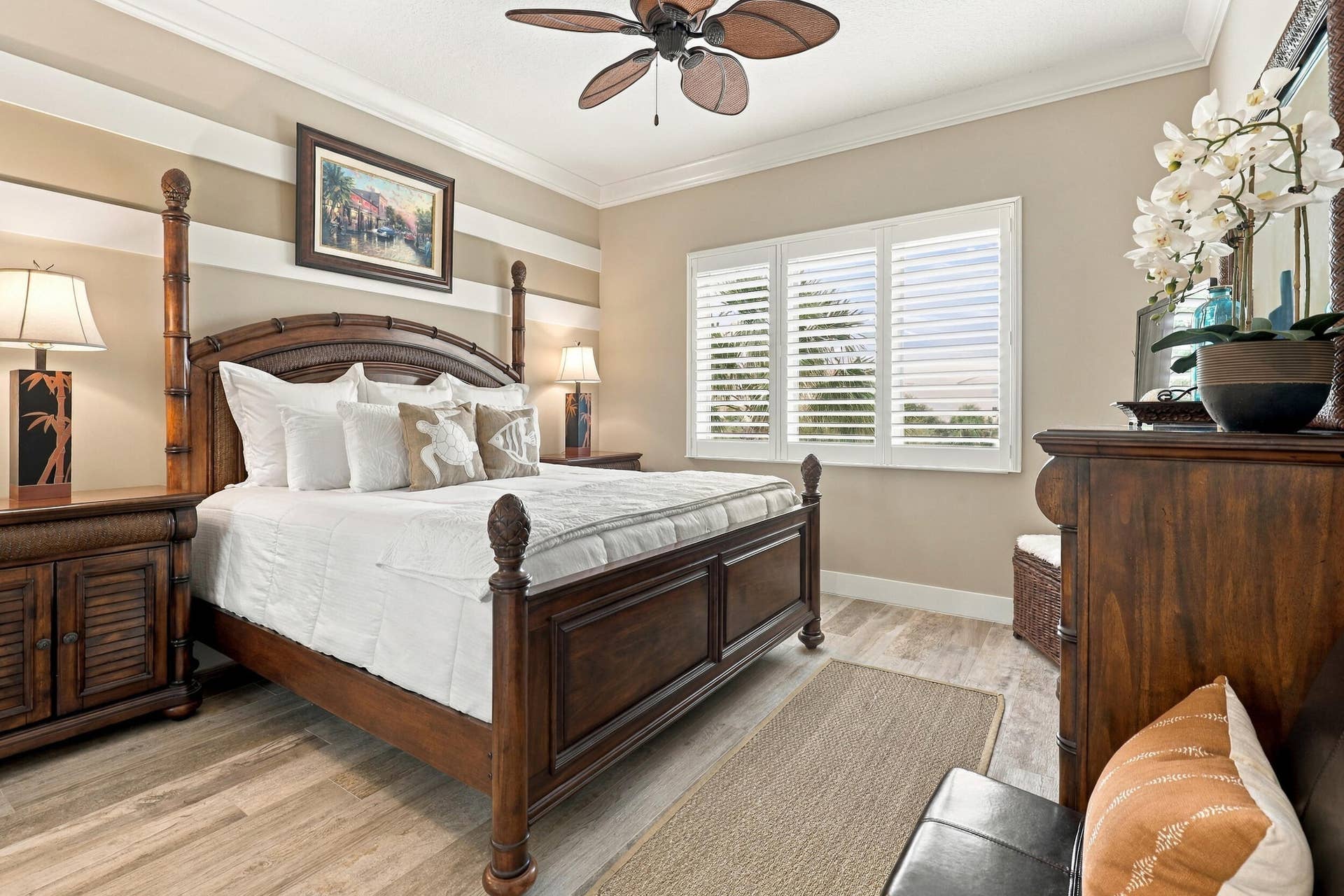Guest Bedroom is Spacious. Notice the Framed Composite Plantation Shutters without Tilt Rods for Cleaner Look and Better View - move independently up and down as well as side to side