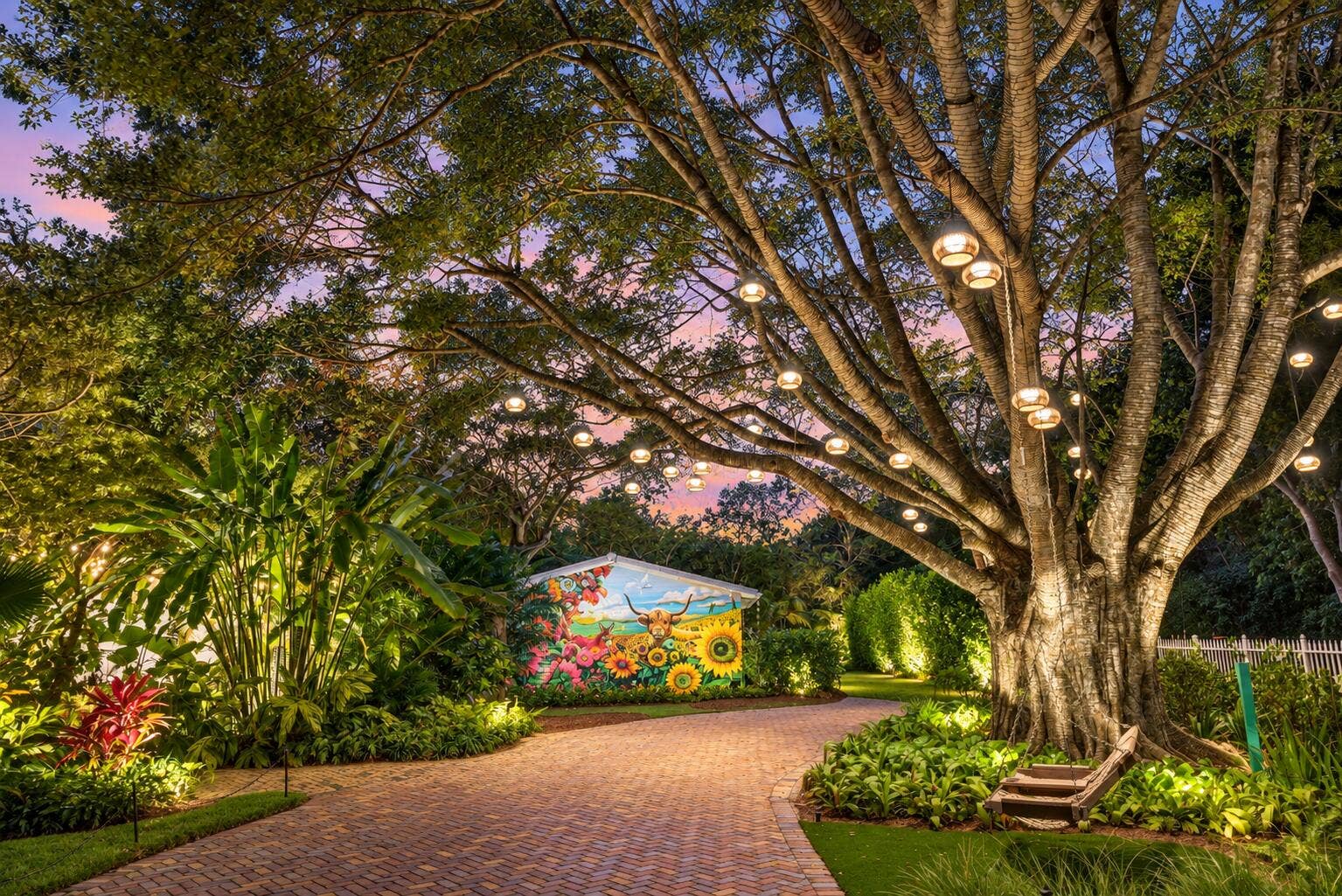 13920 Stirling Road, Southwest Ranches, FL 33330 Soft Twilight Garden with Hanging Lights