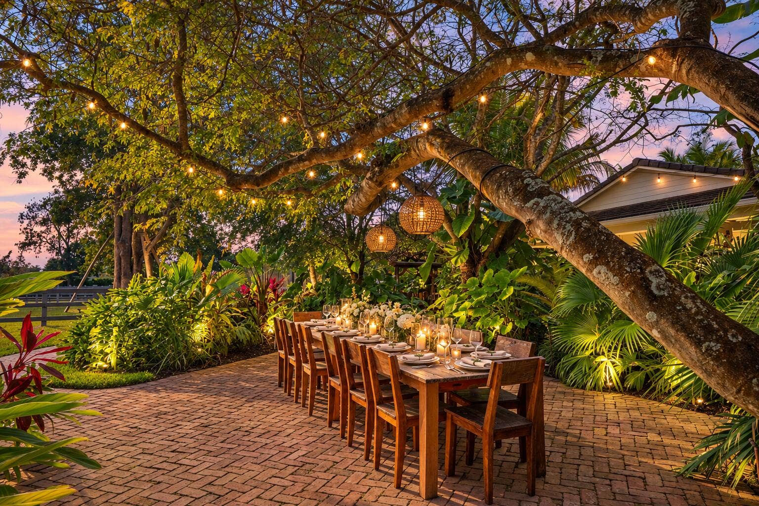13920 Stirling Road, Southwest Ranches, FL 33330 Elegant Twilight Patio Dinner Setting
