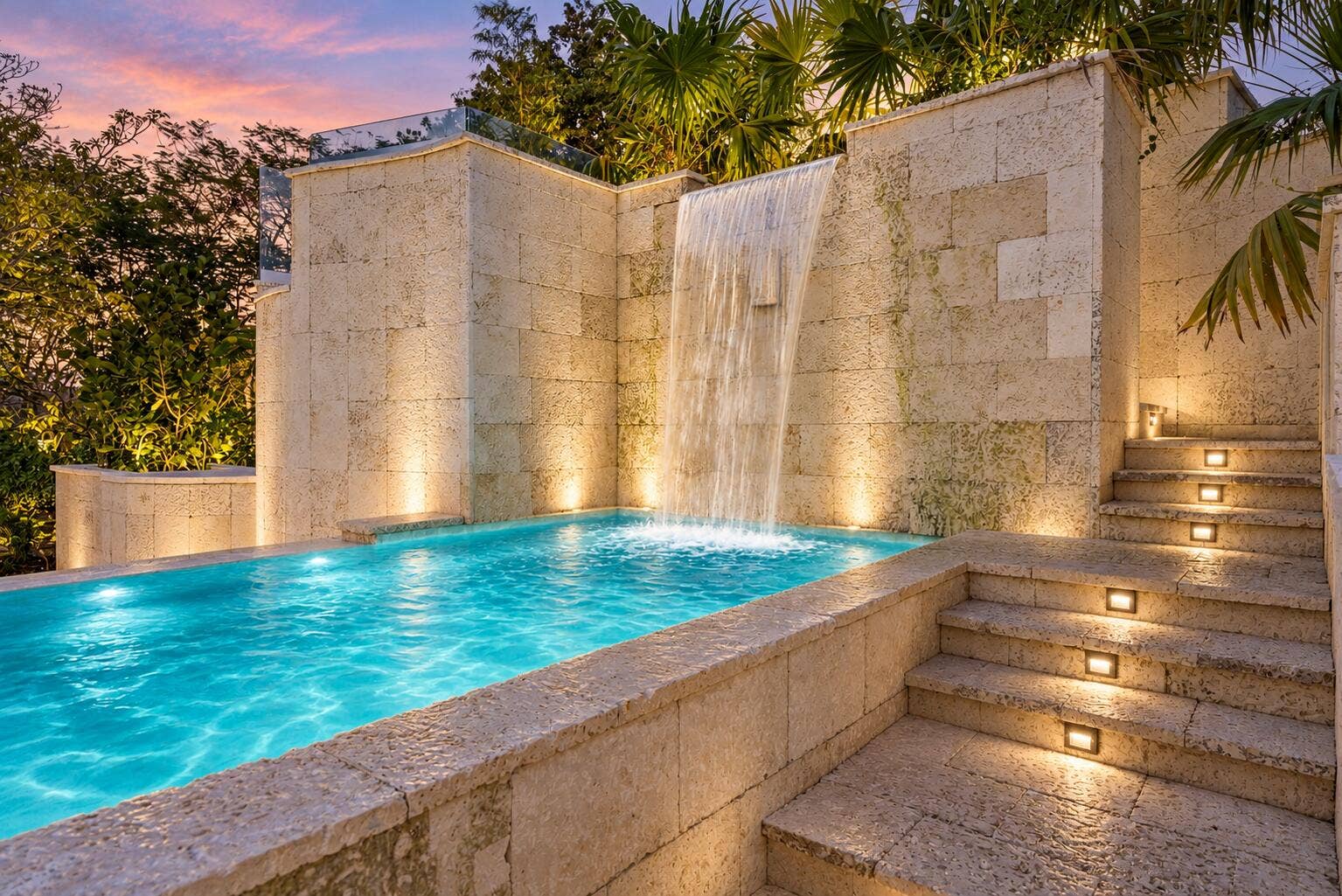 13920 Stirling Road, Southwest Ranches, FL 33330 Soft twilight stone waterfall pool