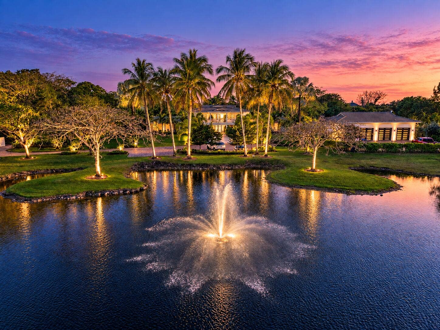 13920 Stirling Road, Southwest Ranches, FL 33330 Twilight estate with glowing fountains