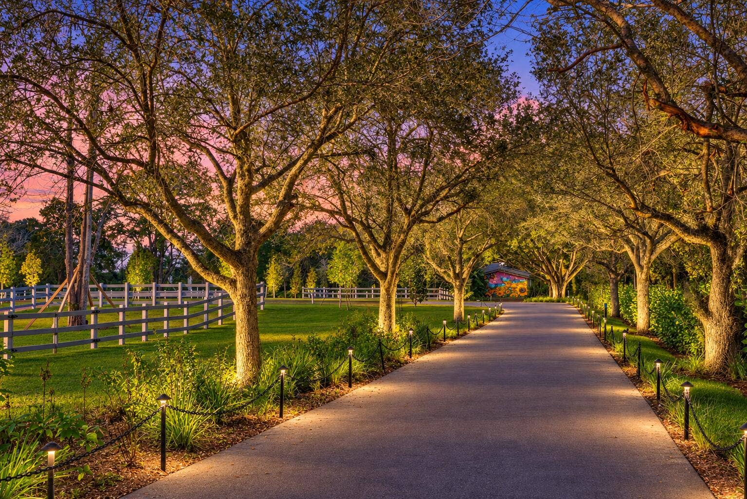 13920 Stirling Road, Southwest Ranches, FL 33330 Twilight Estate Driveway with Oak Upligh