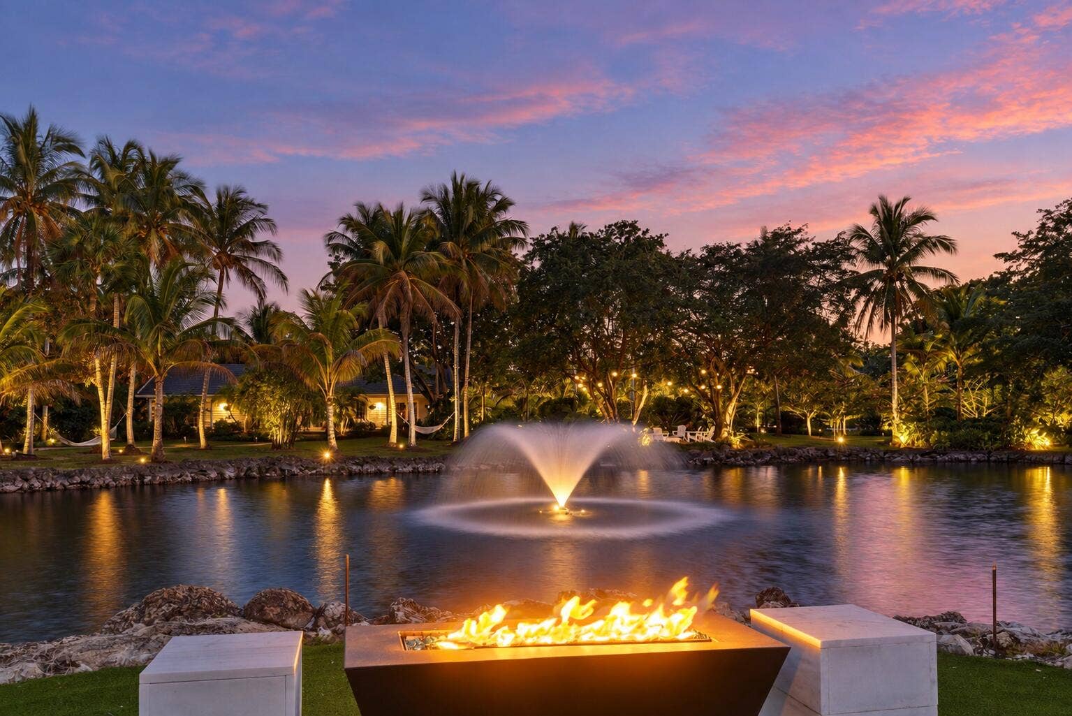13920 Stirling Road, Southwest Ranches, FL 33330 Lakeside Twilight with Fire and Fountain