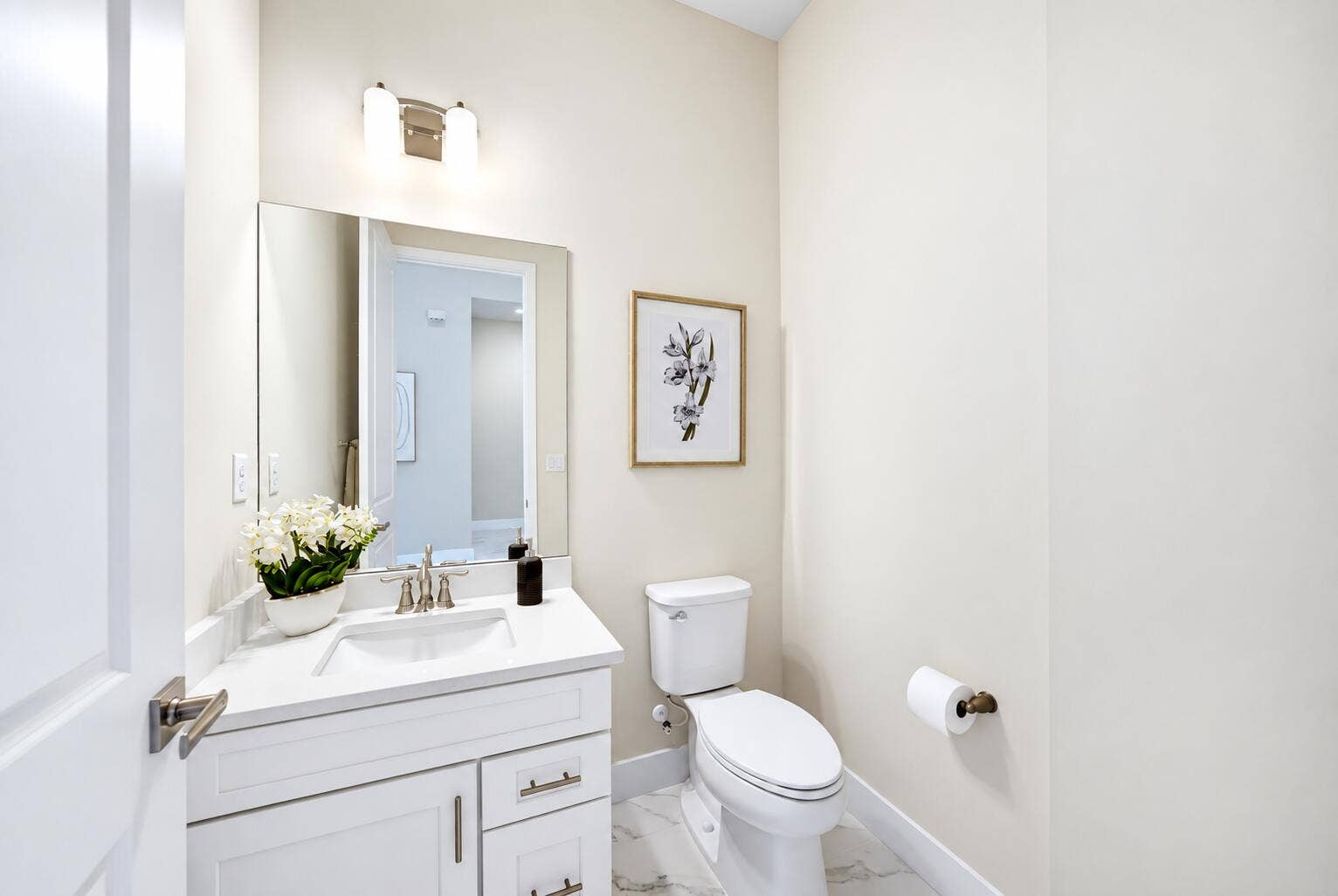 Bright Modern Powder Room with Floral Ac