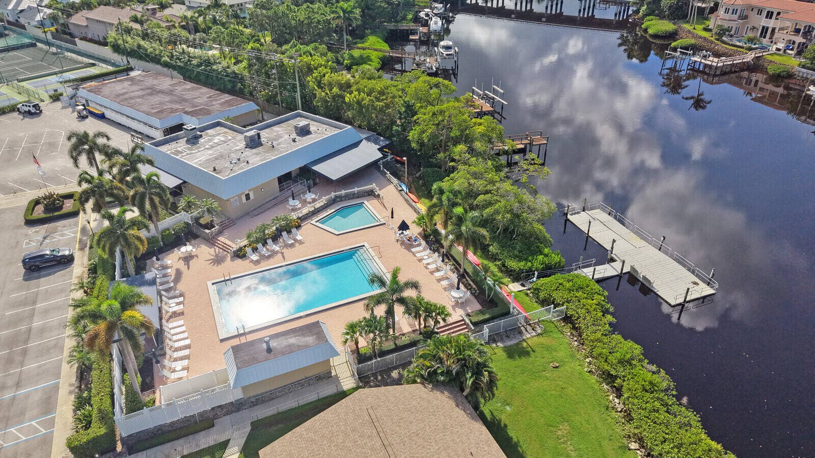 9169 SE RIVERFRONT Terrace, #J, Jupiter, FL 33469 Aerial View of Community Dock and Clubhouse