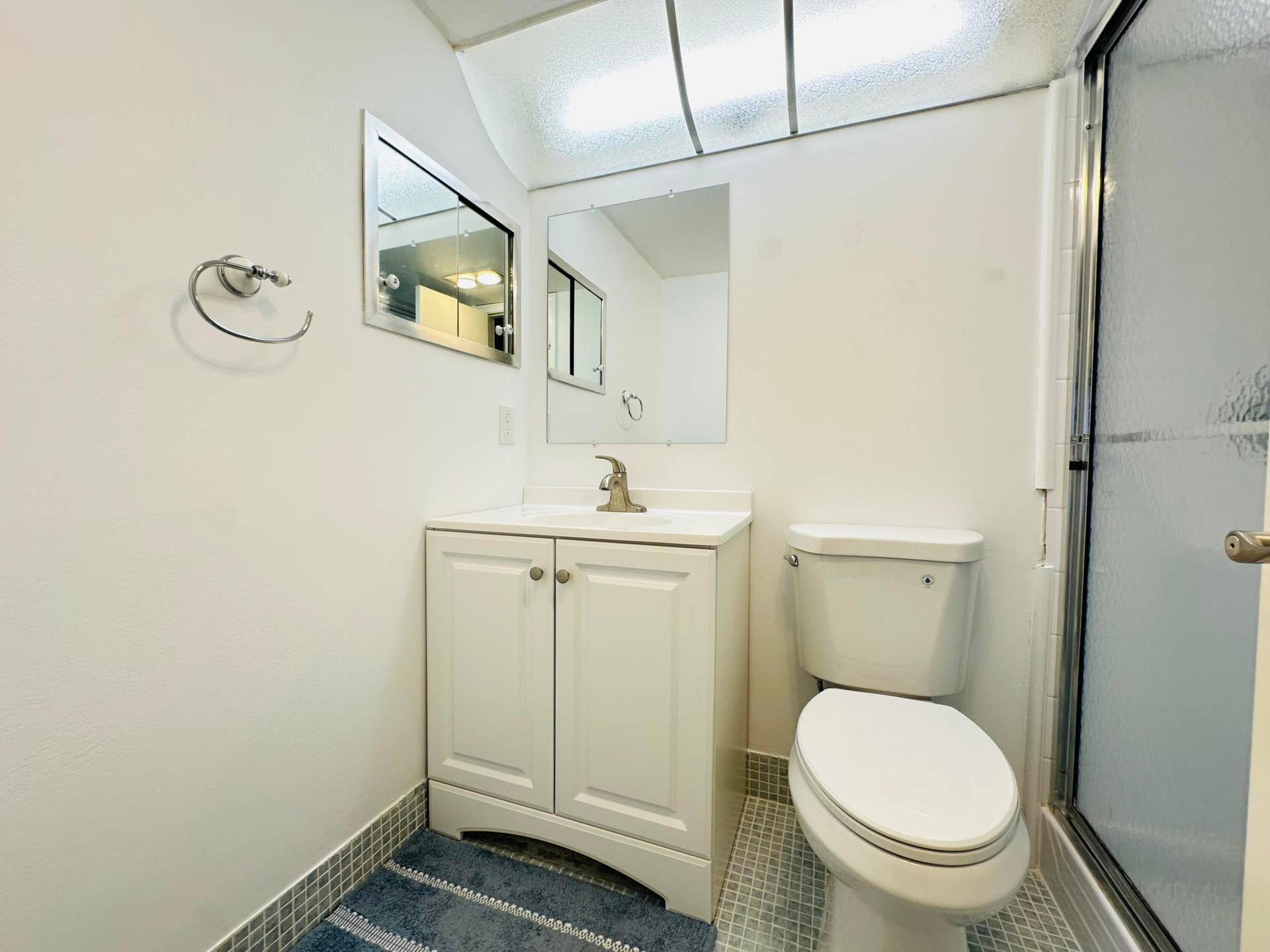 Primary Bathroom with new toilet & vanity, glass shower doors