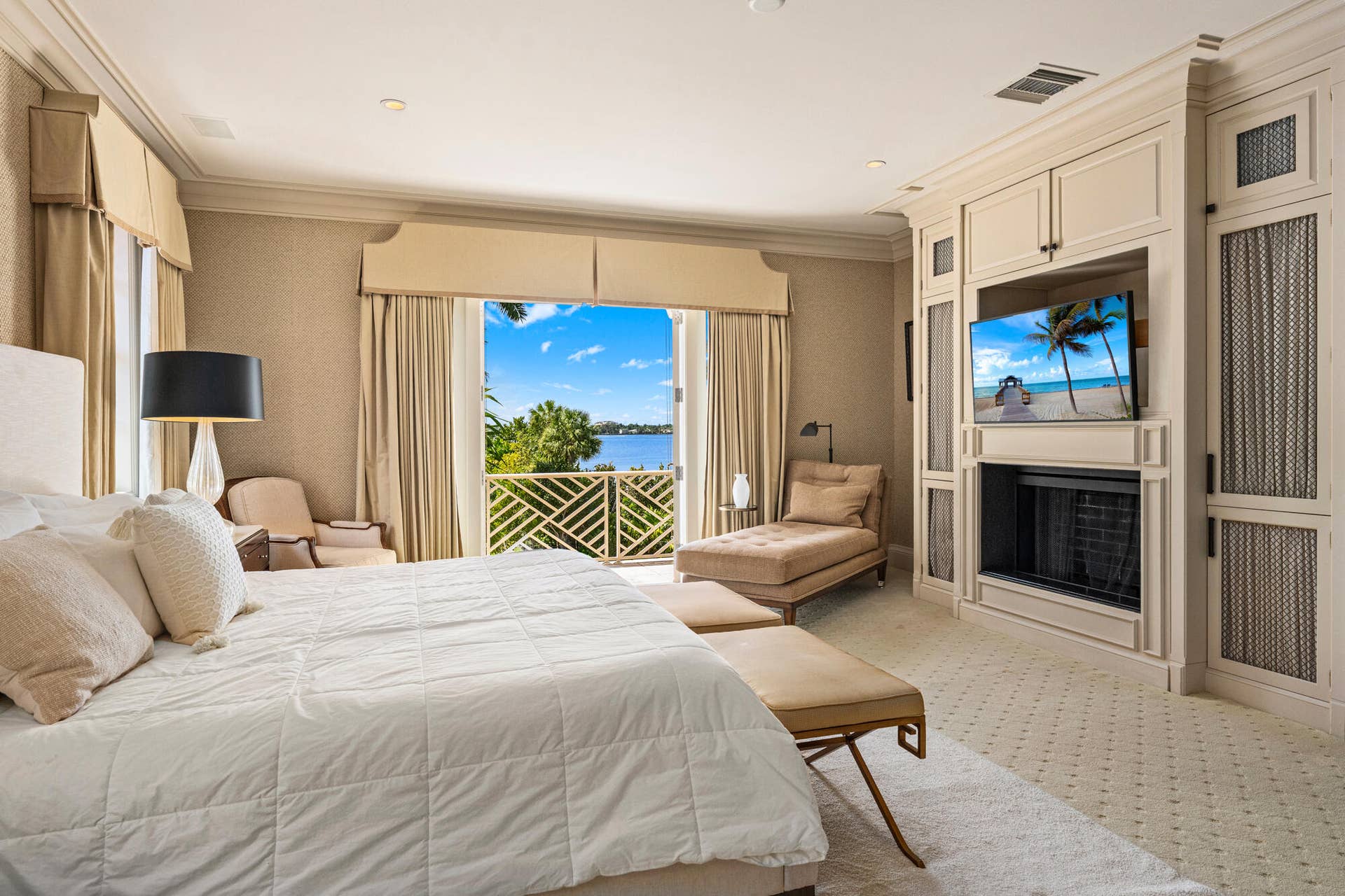 13 Via Vizcaya, Palm Beach, FL 33480 Primary Bedroom with fireplace and intracoastal views
