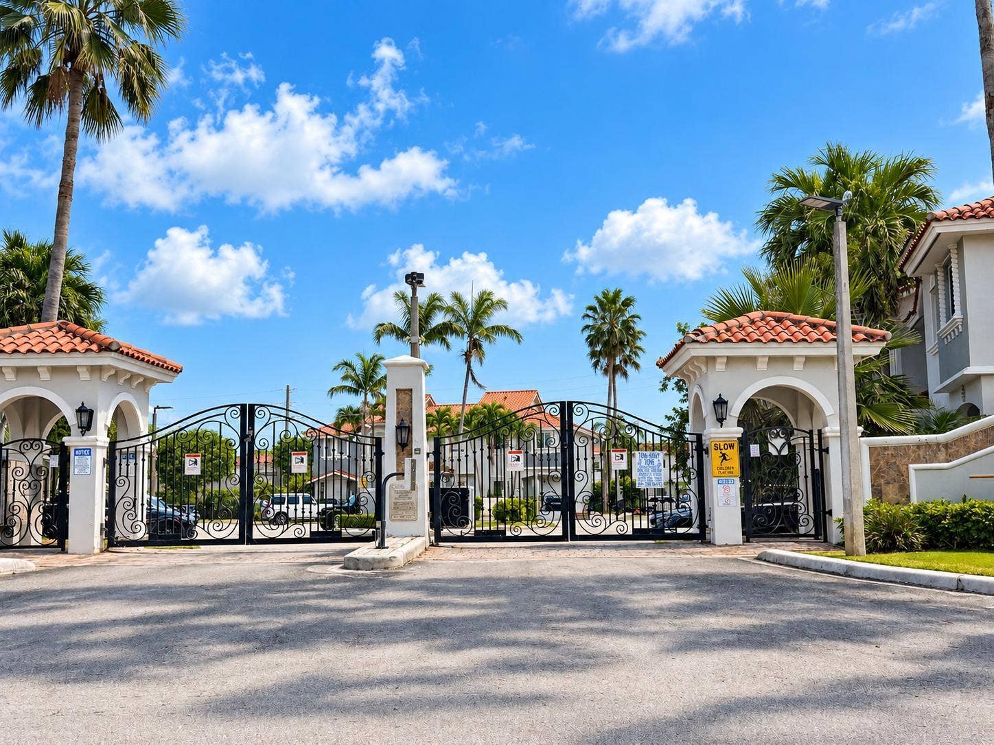 Wrought iron gates with ornate scrolling, framed by stucco archways with red tile roofs. Virtually staged.