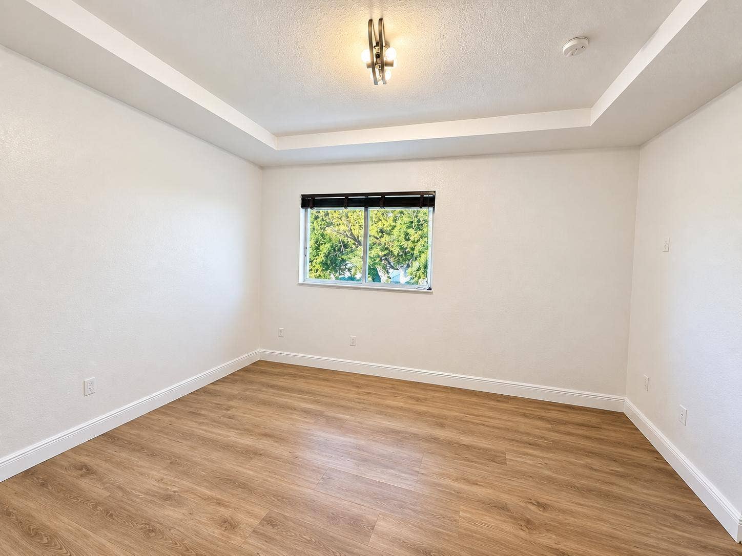 Tray ceiling with a contemporary flush-mount fixture. Virtually staged.