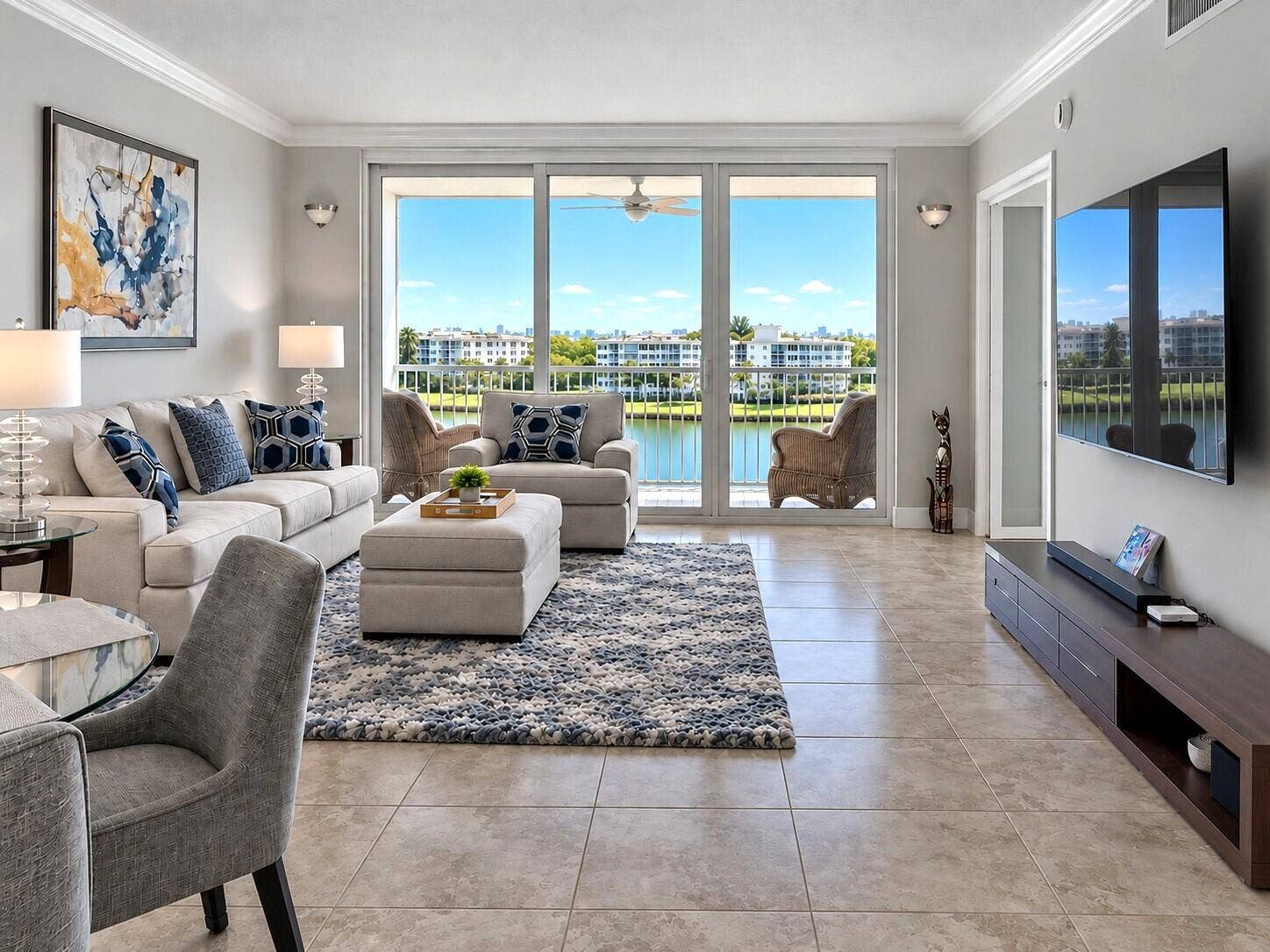 2940 N COURSE Drive, #801, Pompano Beach, FL 33069 Cool-Toned Coastal Living Room with Wate