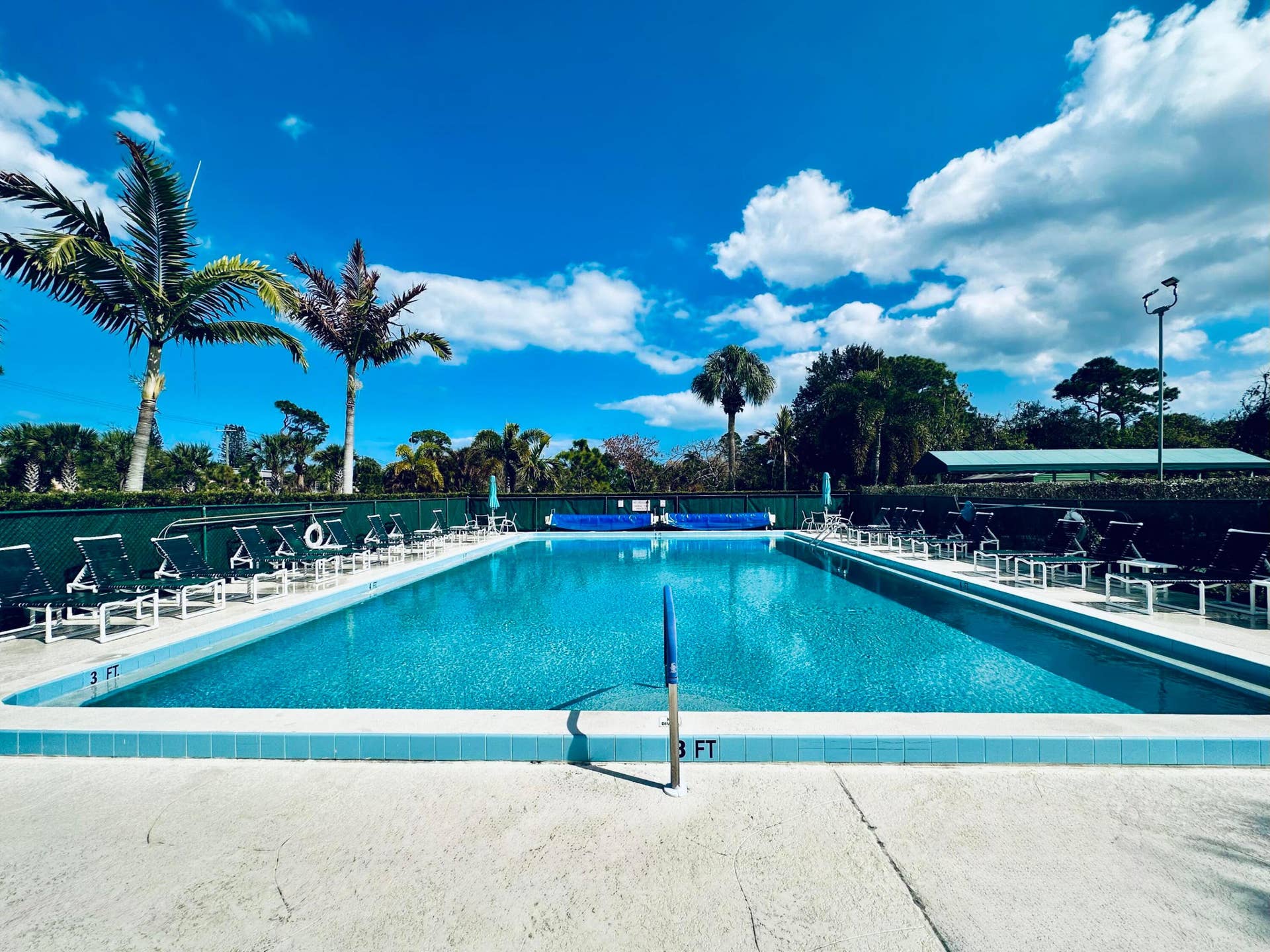 2950 SE Ocean Boulevard, #130-6, Stuart, FL 34996 Expansive swimming pool with integrated depth markers, surrounded by a perimeter of lounge chairs, bordered by mature palm trees