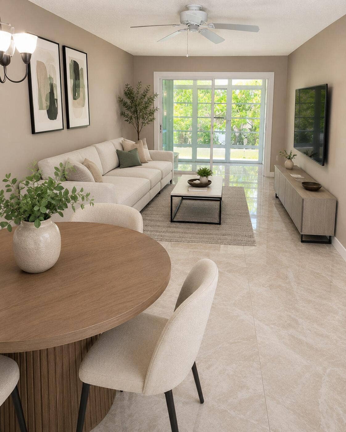 2950 SE Ocean Boulevard, #130-6, Stuart, FL 34996 Spacious living area featuring light-toned tile flooring, direct access to the outdoor space through a large sliding glass door, and recessed lighting
