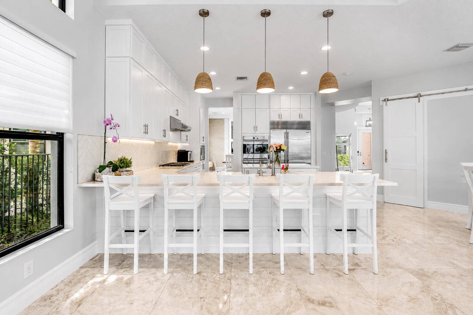 Coastal Kitchen with Bar Seating