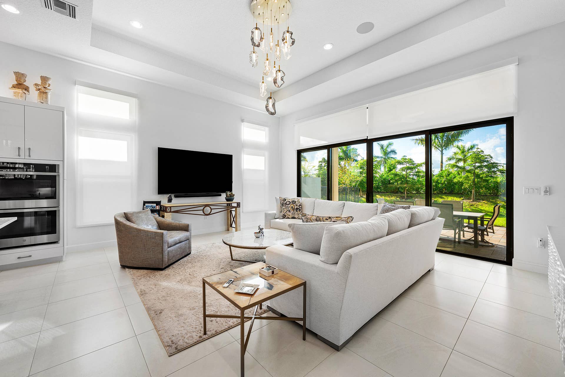 Coffer Ceiling & Beautiful Light Fixture