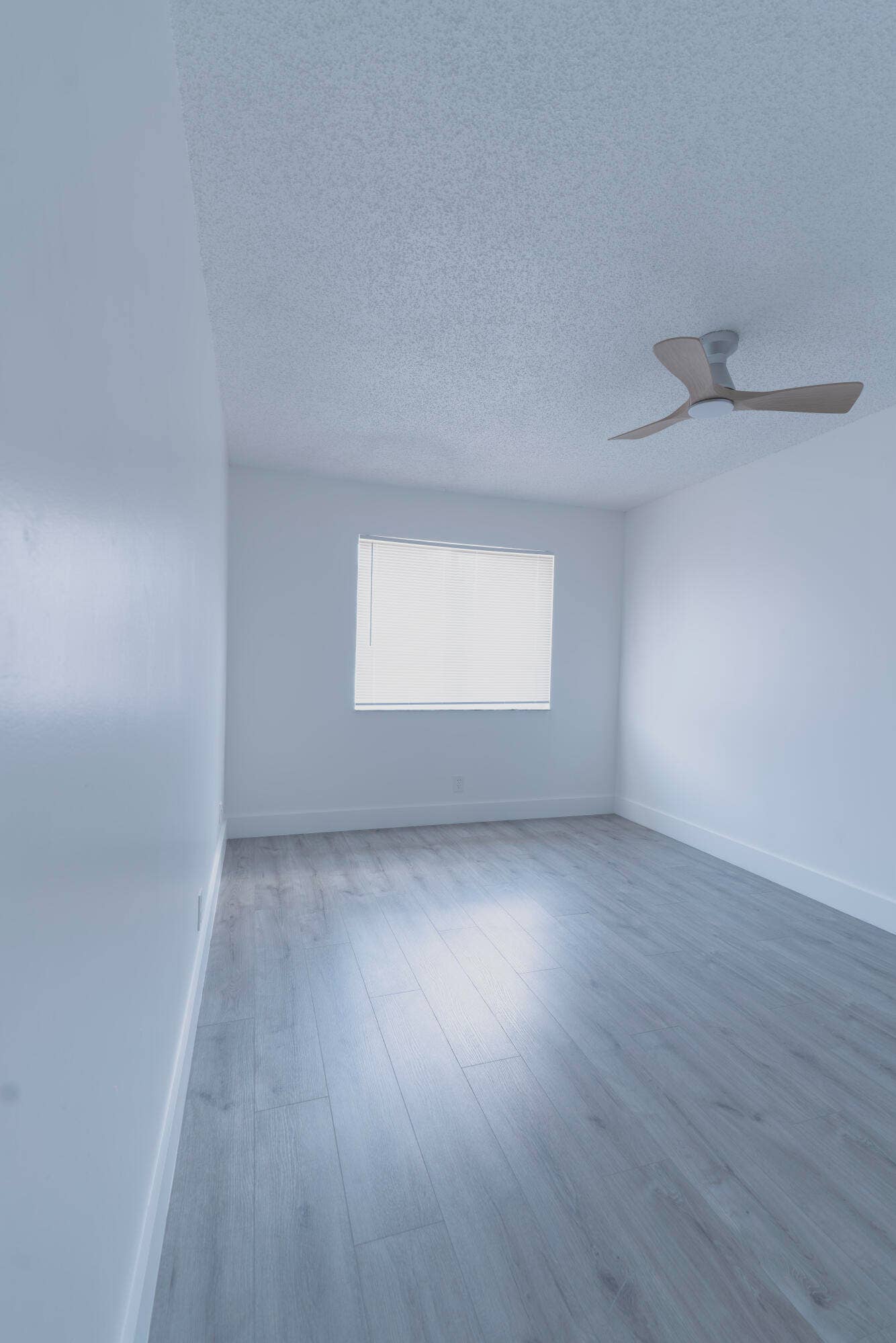 vinyl wood like flooring, white walls, and a ceiling fan