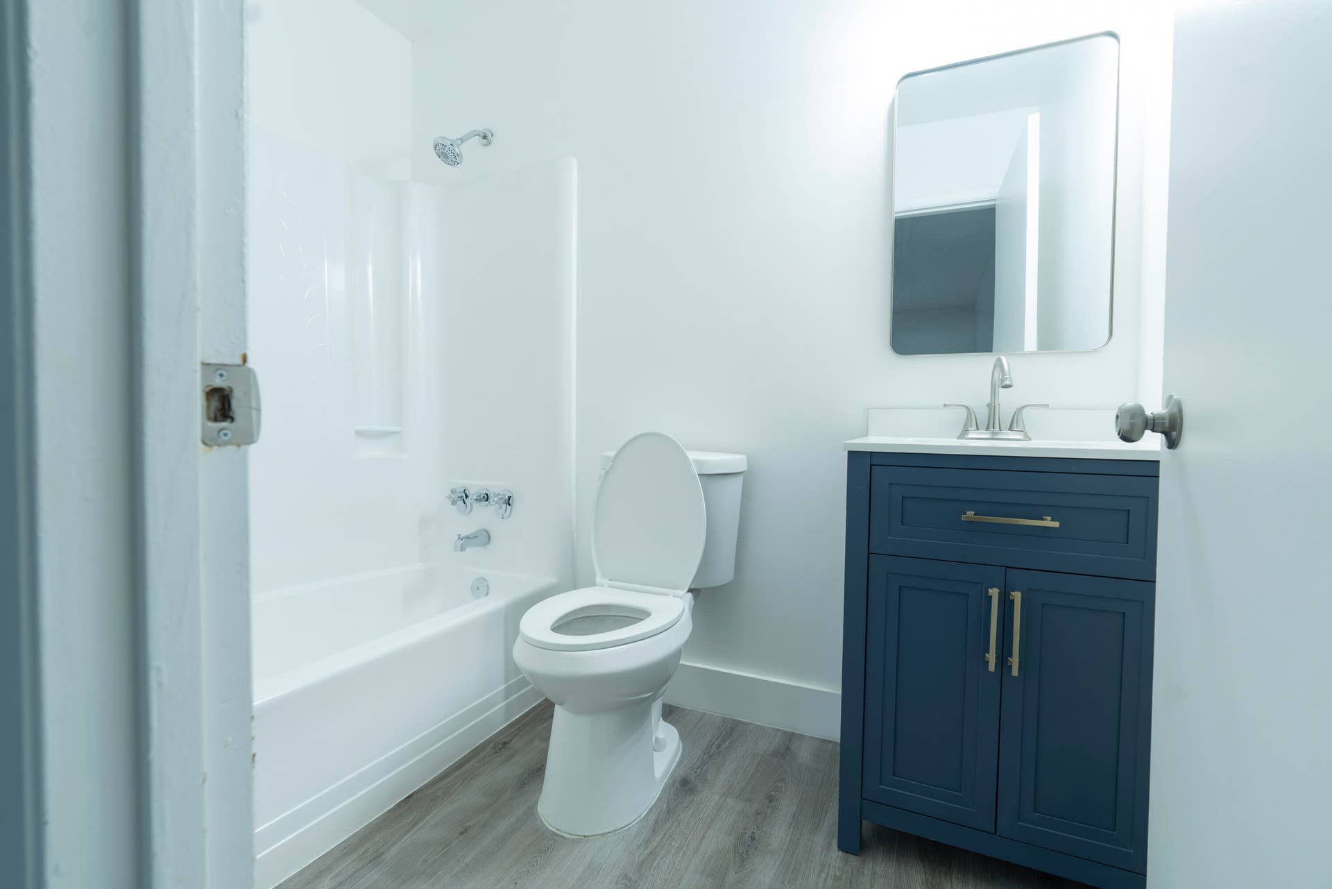 Full bathroom featuring a shower-tub combination, a toilet, a vanity with a white countertop, and vinyl wood like flooring