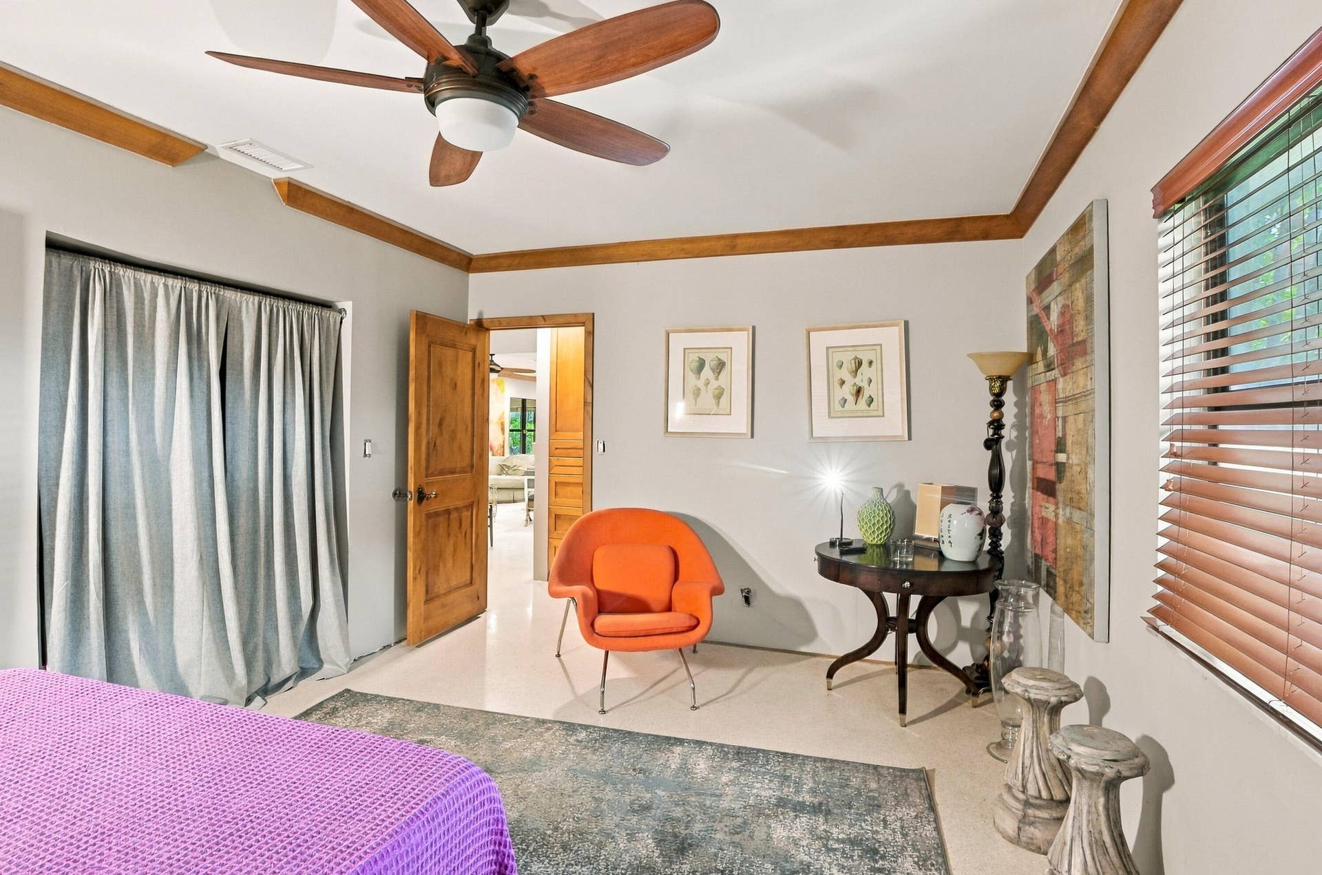 1549 SW 30th Place, Fort Lauderdale, FL 33315 Recessed ceiling with wood-finish trim, wood-finish ceiling fan, wood-finish doors, and polished flooring