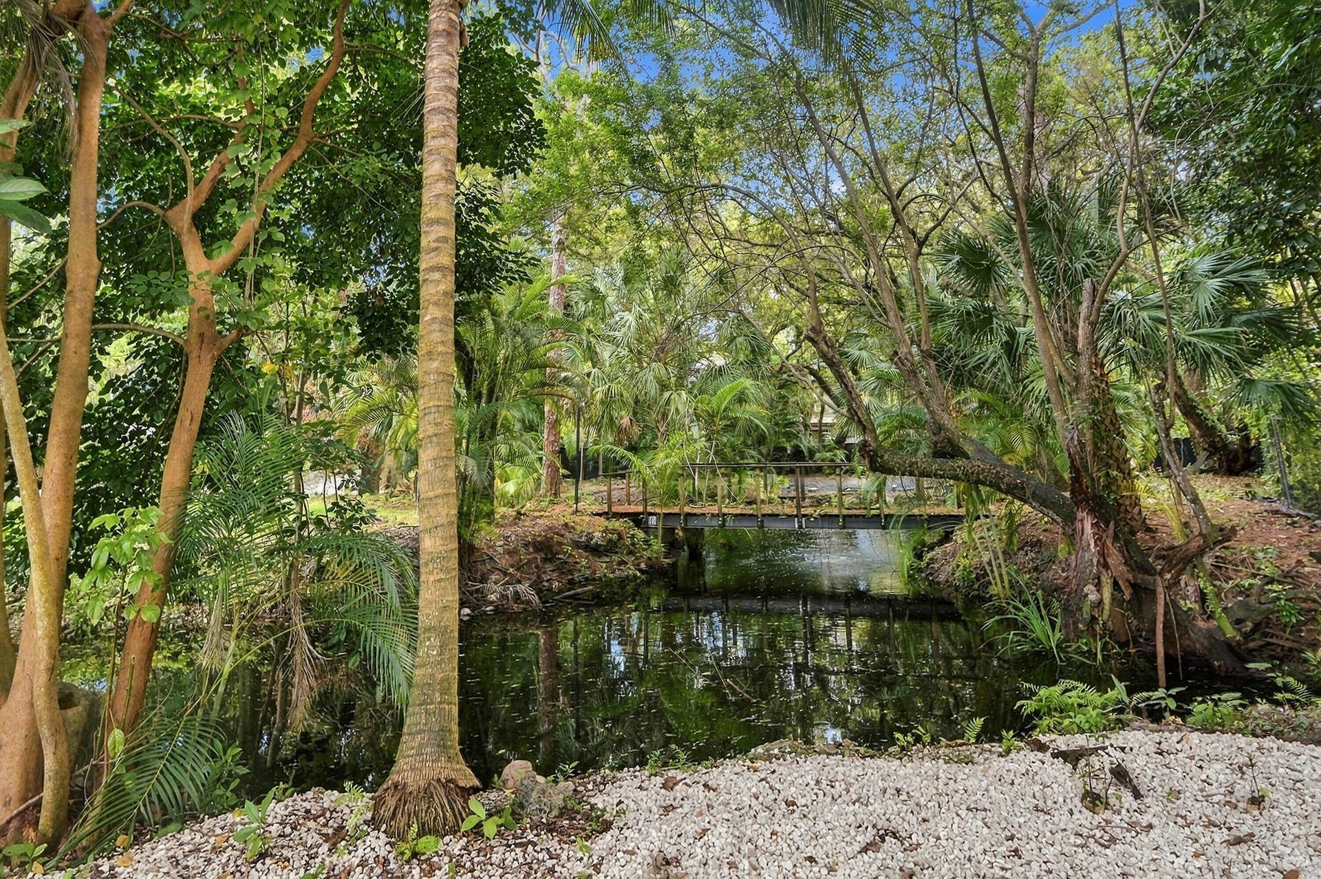 1549 SW 30th Place, Fort Lauderdale, FL 33315 Lush natural landscaping with mature trees, a tranquil water feature, and a footbridge