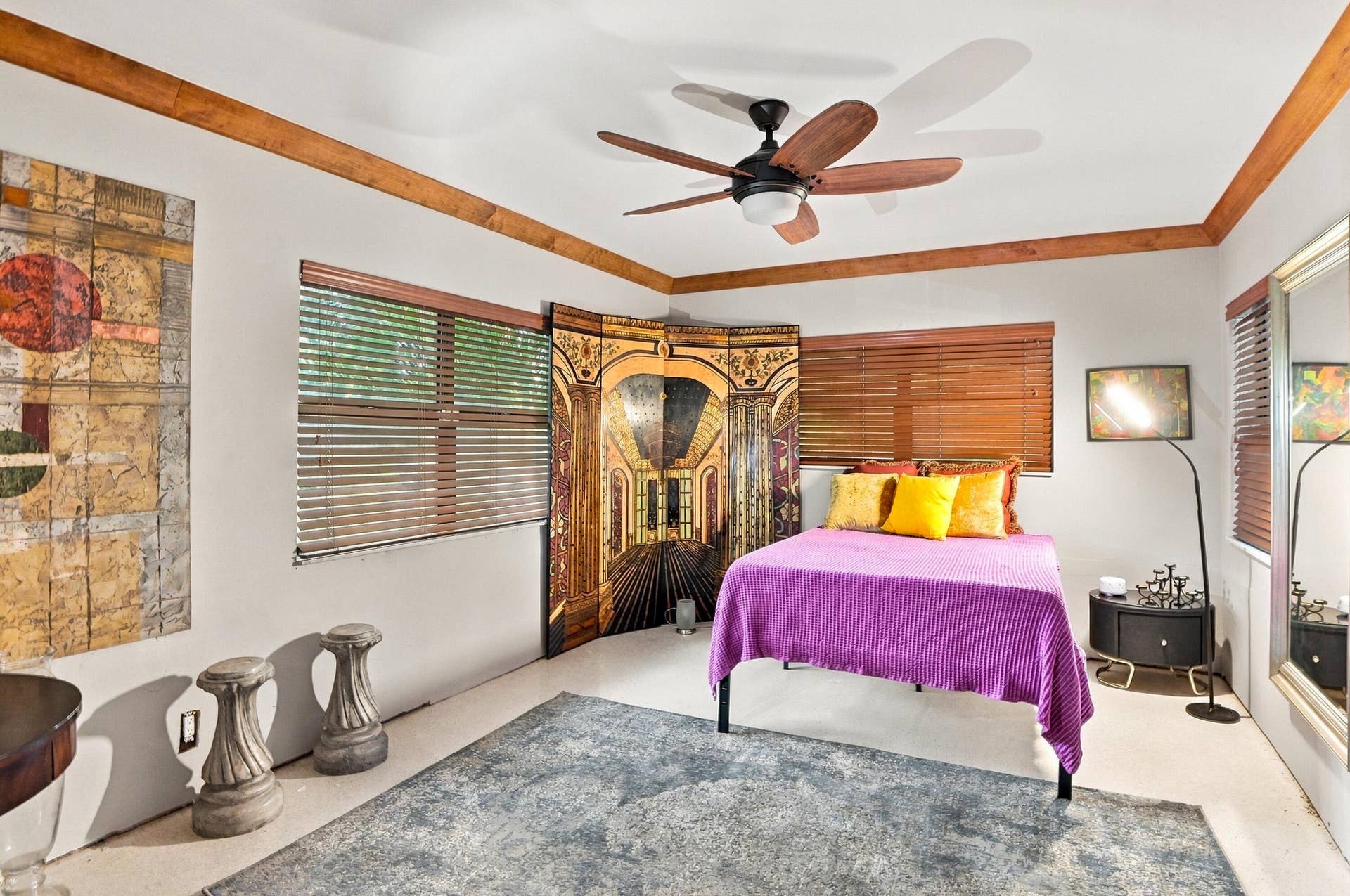1549 SW 30th Place, Fort Lauderdale, FL 33315 Recessed ceiling with wood-tone accent beams, wood-tone window blinds, and a built-in ceiling fan