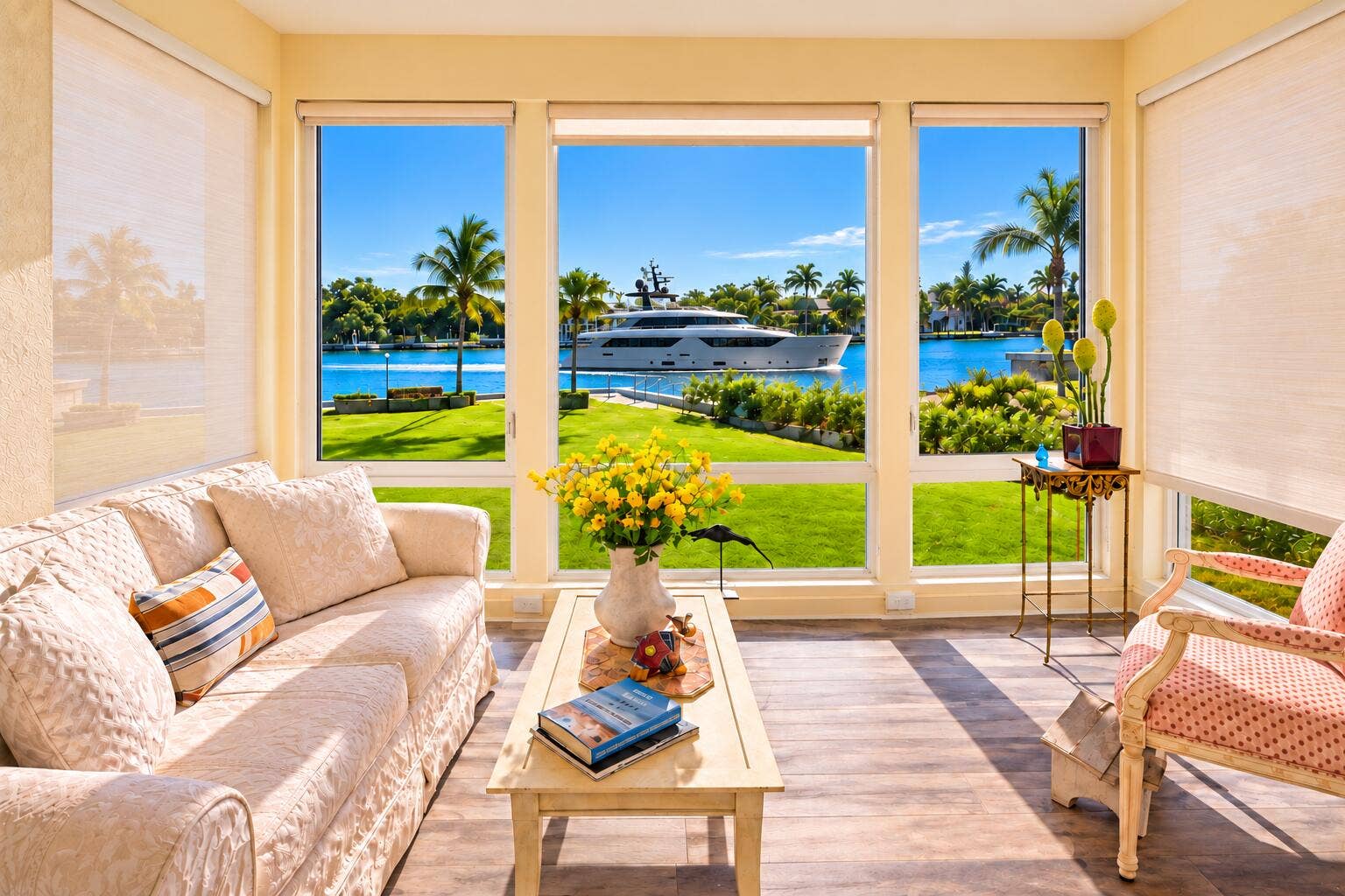 Sunlit Coastal Room with Yacht View (1)