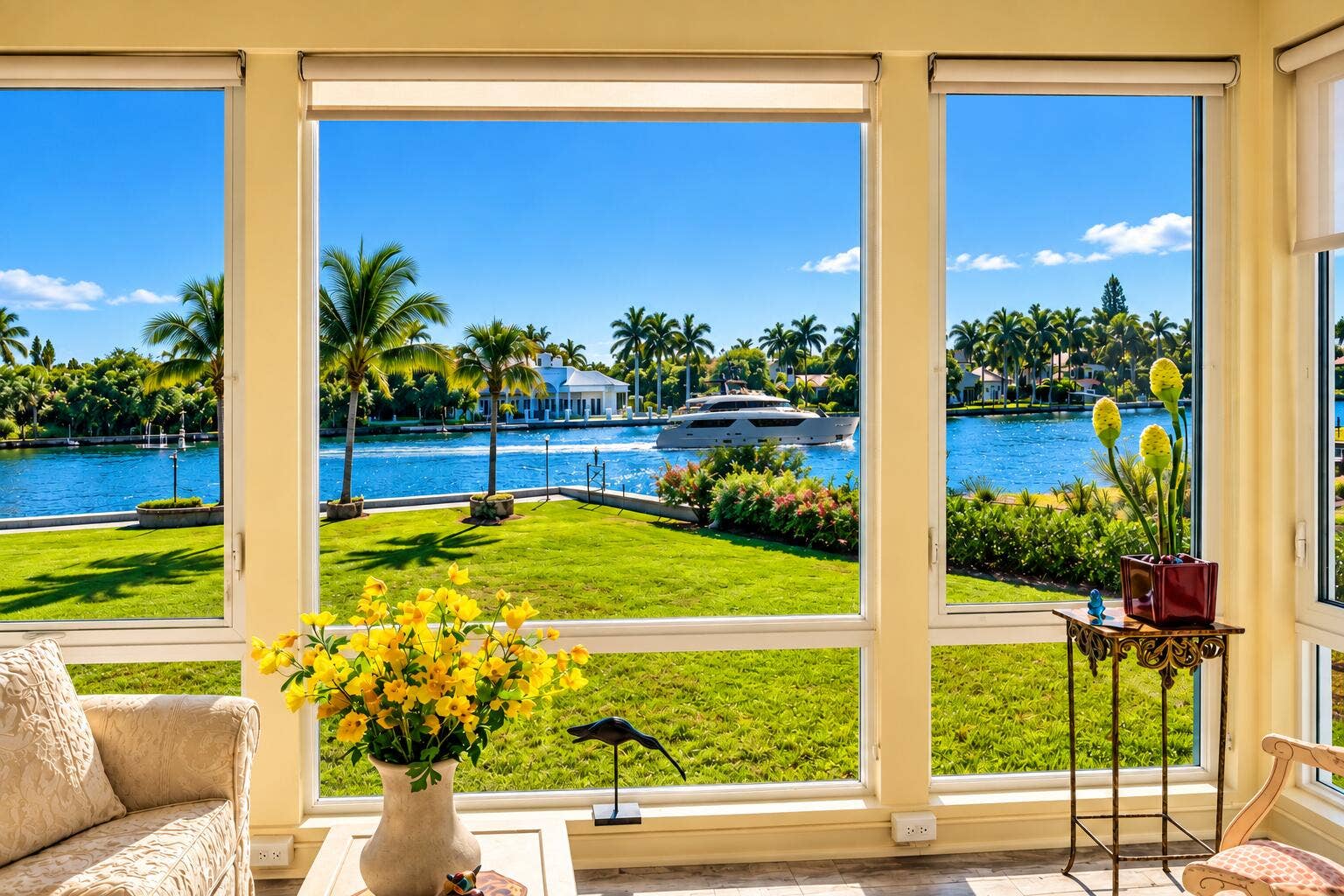 Florida room overlooking a passing yacht