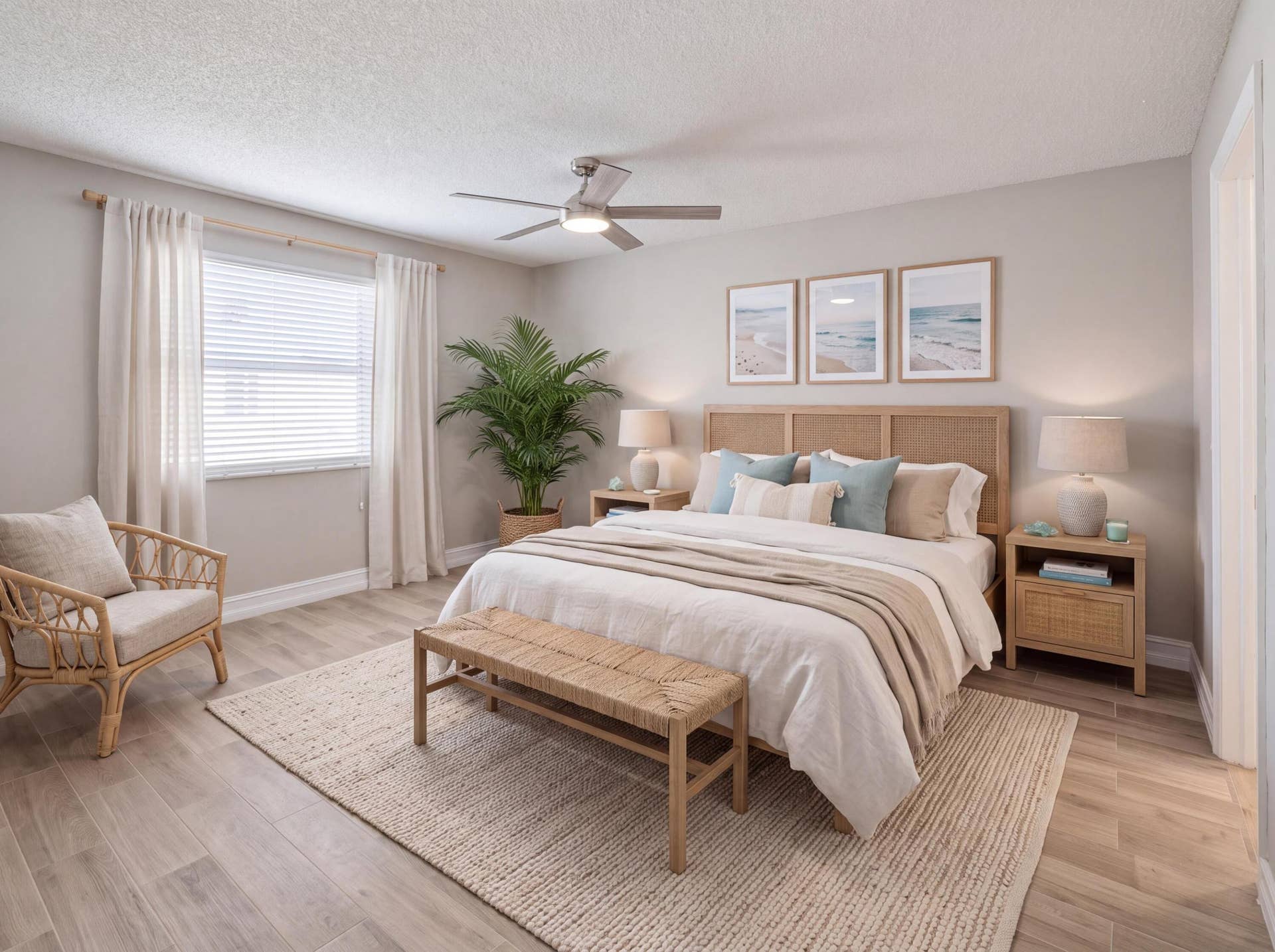 Spacious primary Bedroom w 2 walk in closets, plus linen closet. (virtually staged)