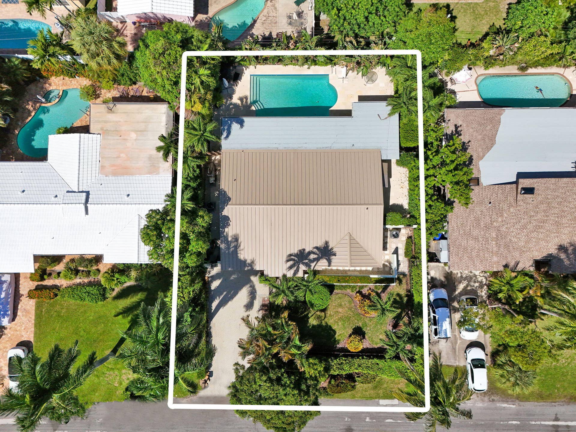 Private swimming pool, expansive backyard, mature landscaping, paved driveway, metal roof