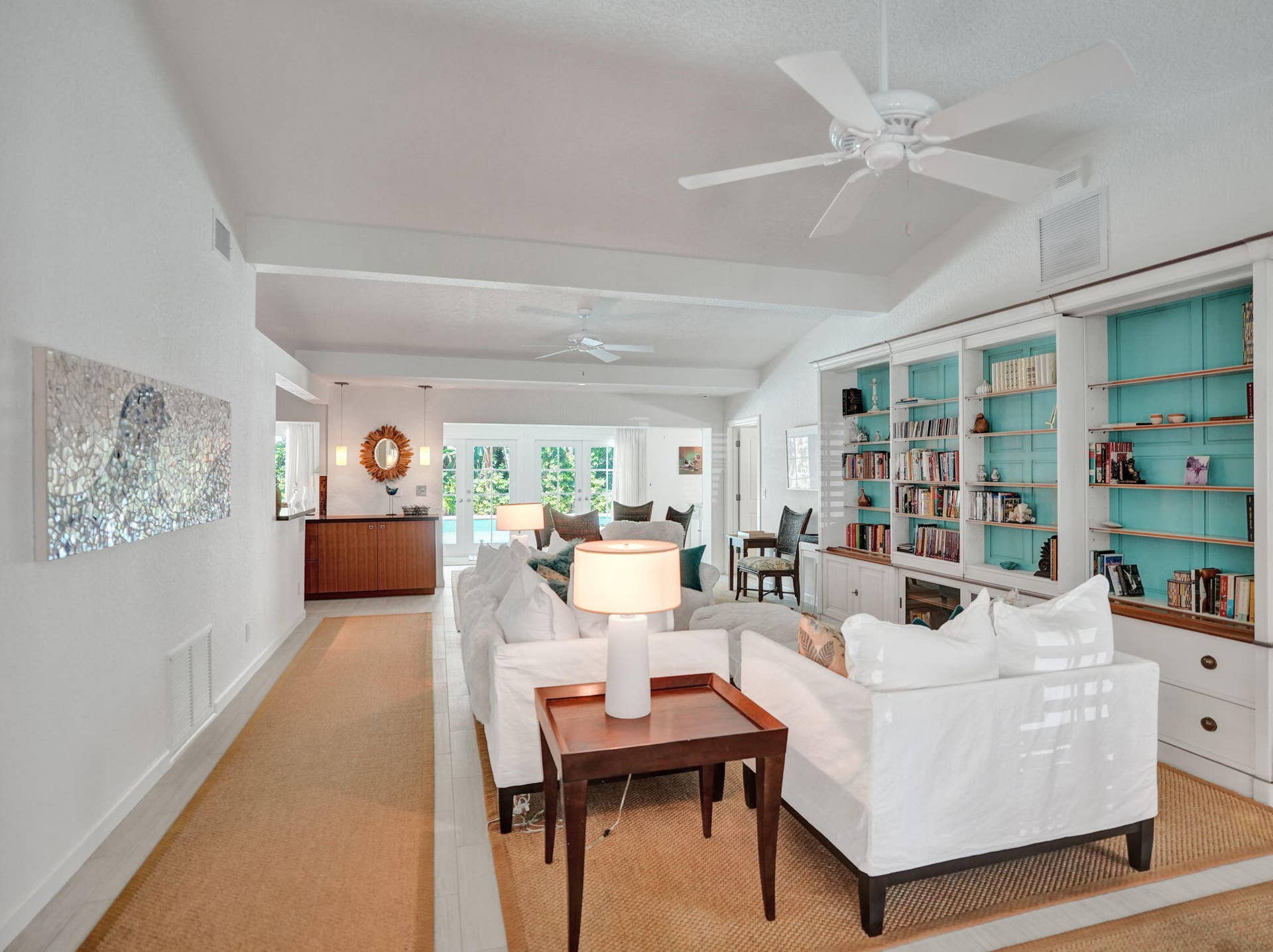 Vaulted ceiling with exposed beams.