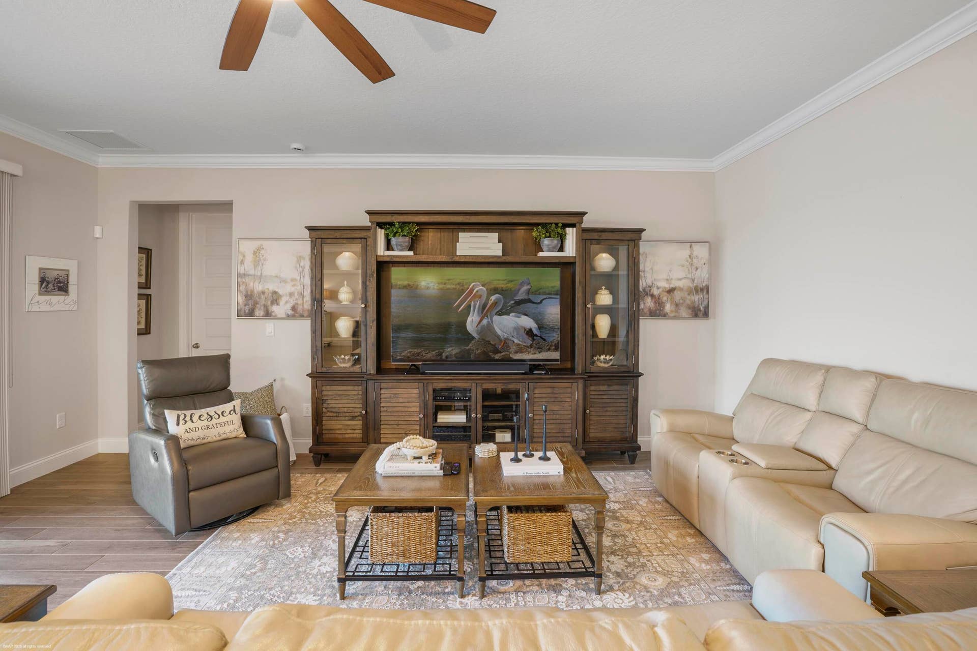 Great room seating area and media wall