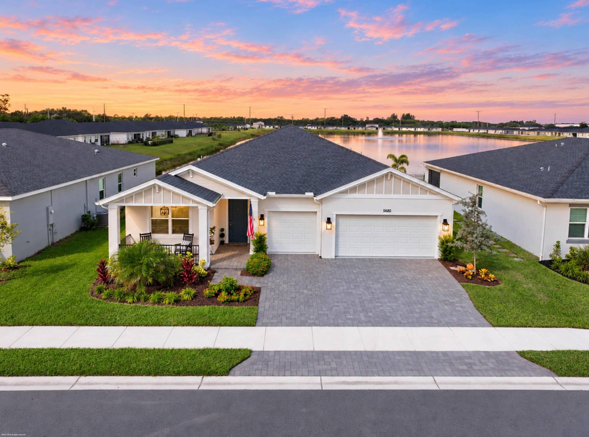 Front elevation at twilight