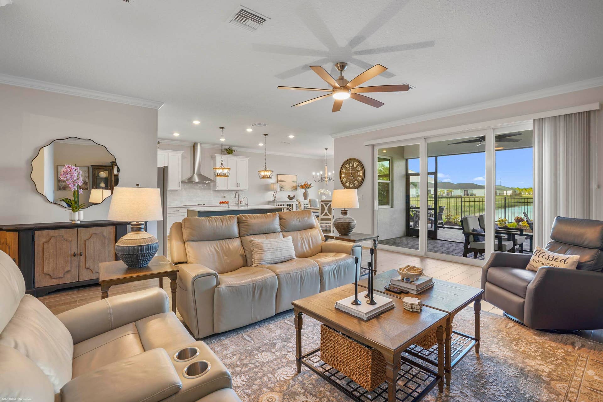 Great room with lake-side windows
