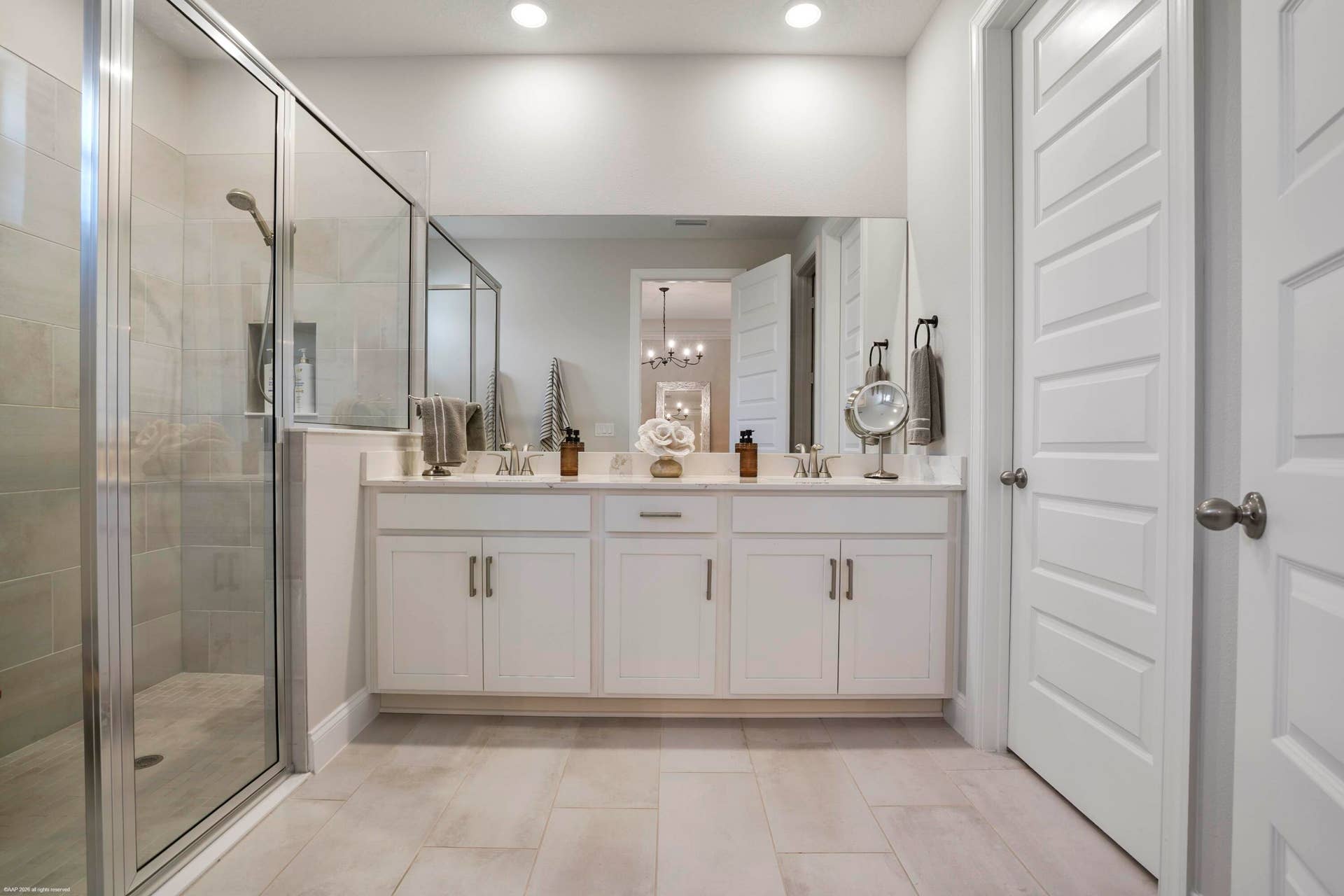 Primary bath vanity and walk-in shower