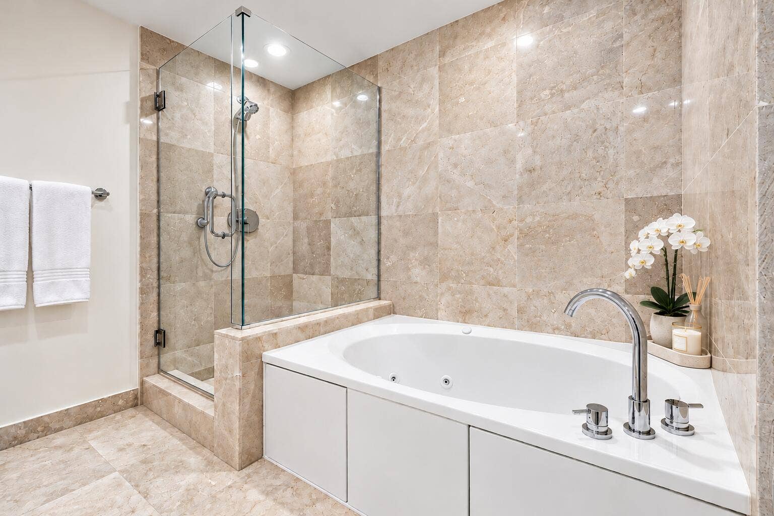 550 Okeechobee Boulevard, #1207, West Palm Beach, FL 33401 Warm Beige Marble Spa Bathroom
