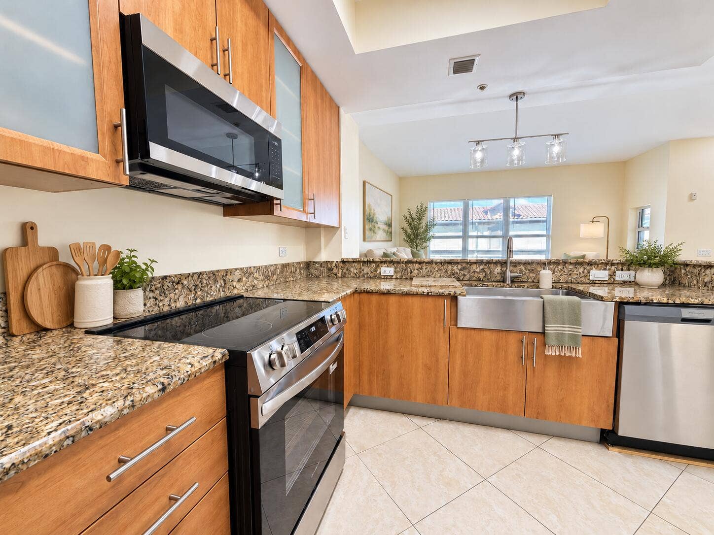 Bright kitchen with sage and oak accents