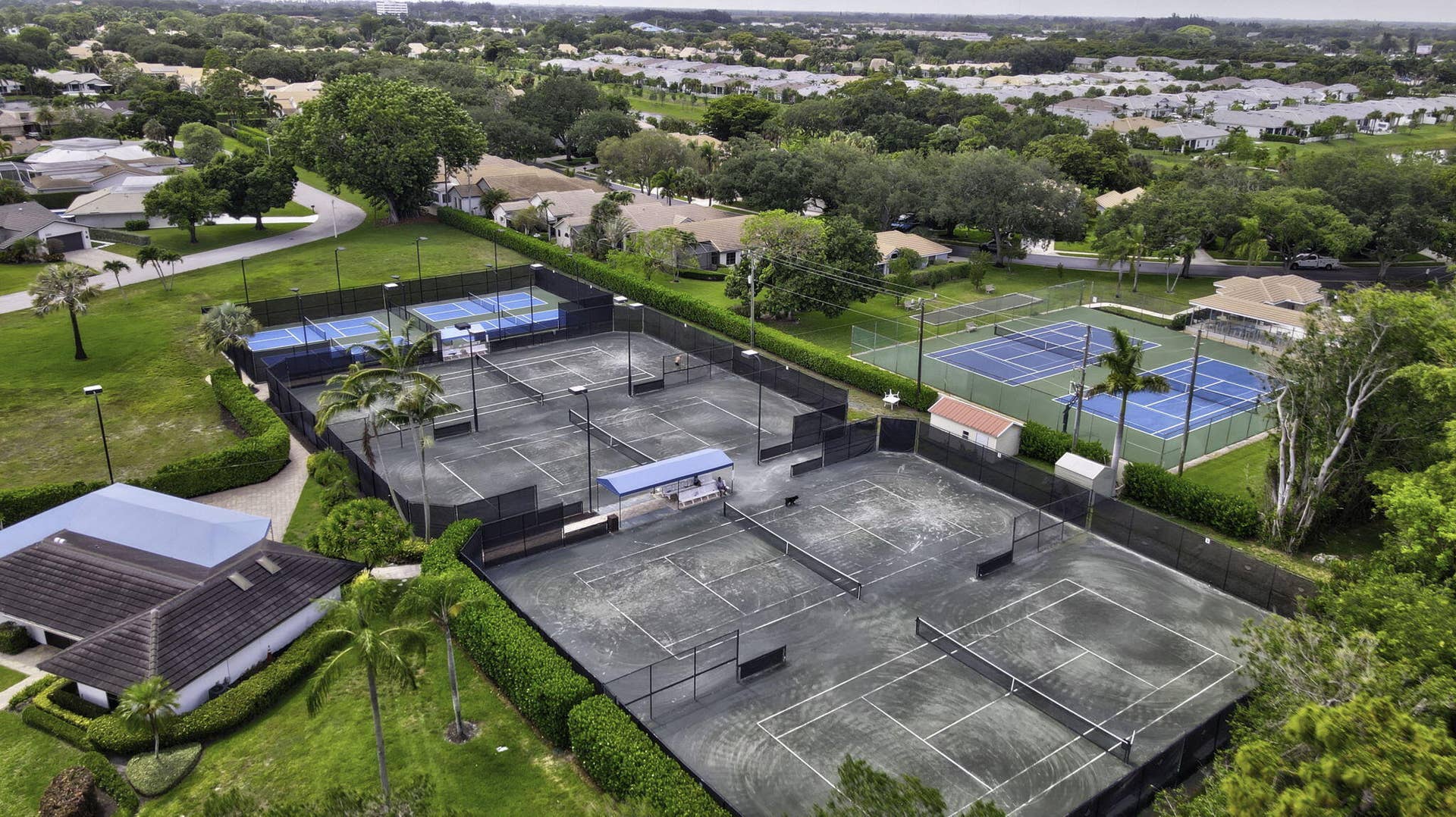 900 Greensward Lane, #209-G, Delray Beach, FL 33445 Tennis courts with perimeter fencing, surrounded by mature landscaping and residential properties