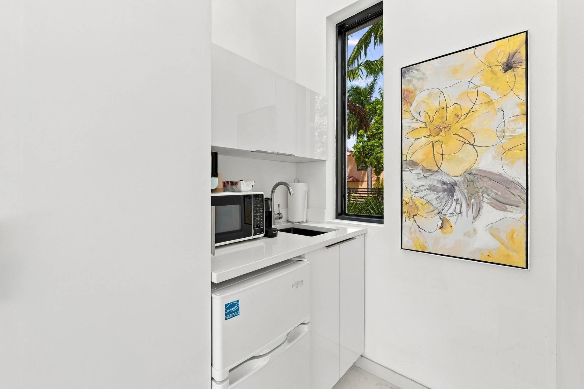 110 NE 16TH Place, Fort Lauderdale, FL 33305 Compact kitchenette featuring white flat-panel cabinetry, white countertop, and a stainless steel sink with a gooseneck faucet