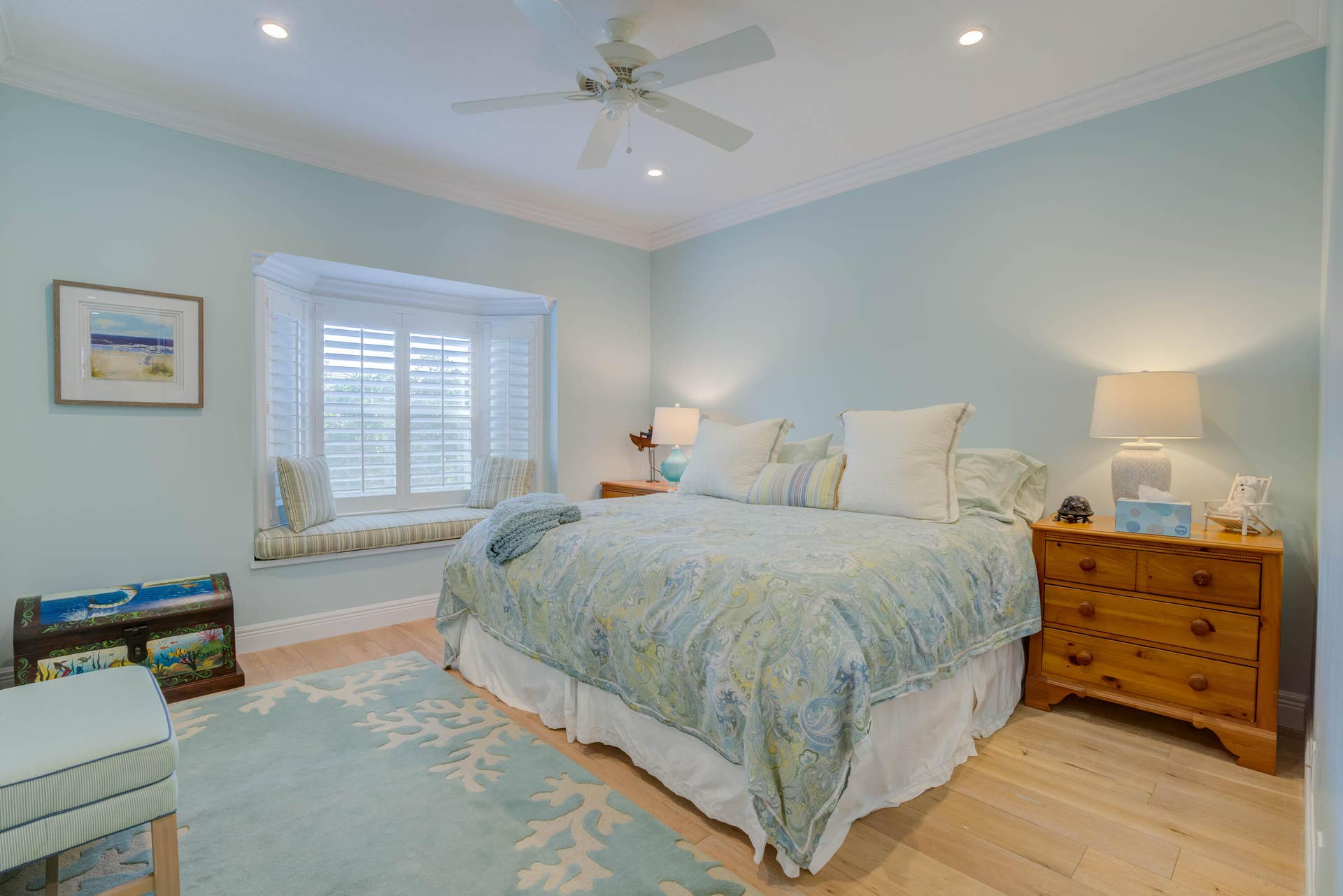 2043 Staysail Lane, Jupiter, Jupiter, FL 33477 Recessed lighting, crown molding, wood-finish flooring, ceiling fan, and bay window with built-in bench