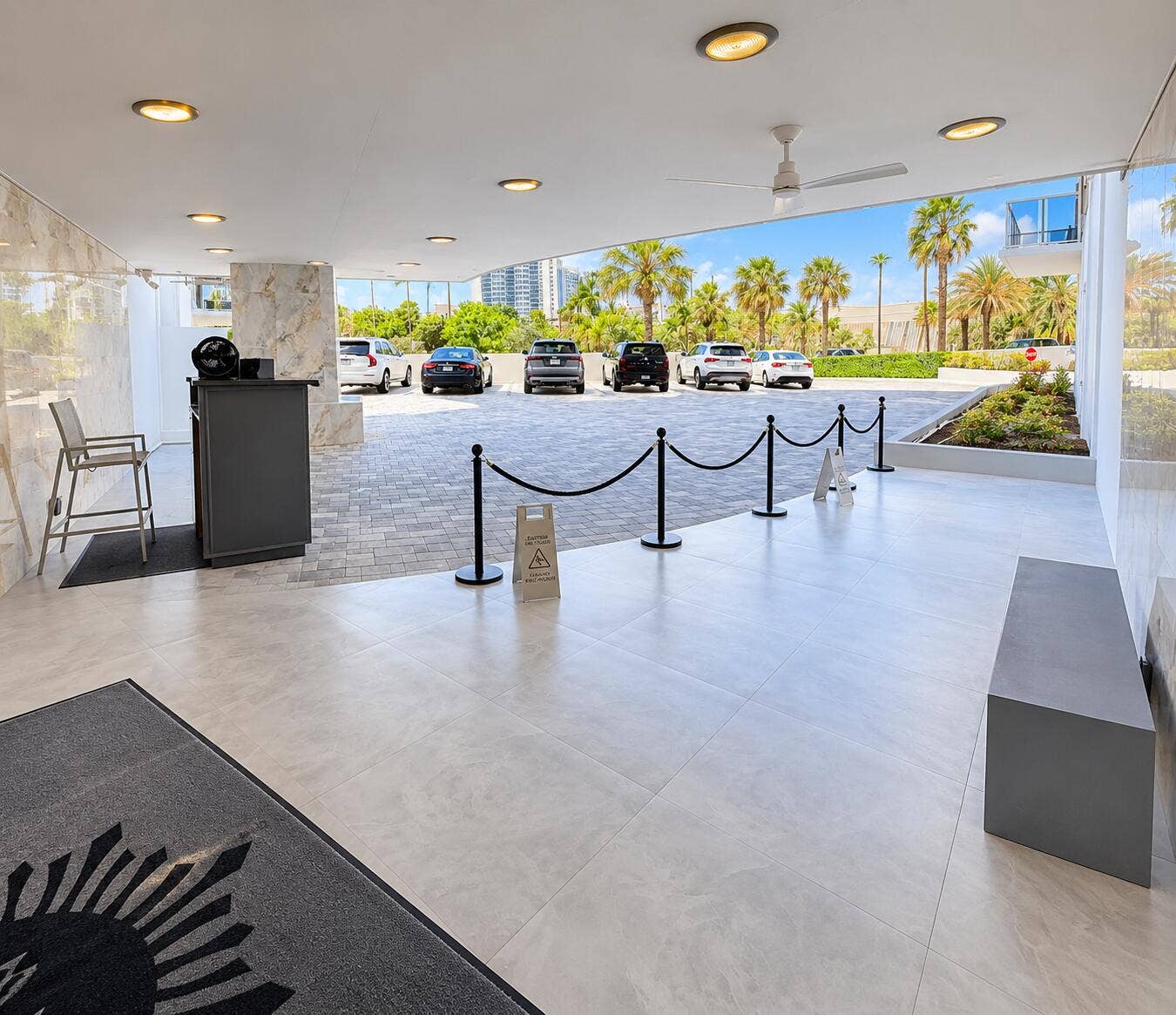 Paved entrance with a light tile floor, recessed lighting, and a ceiling fan
