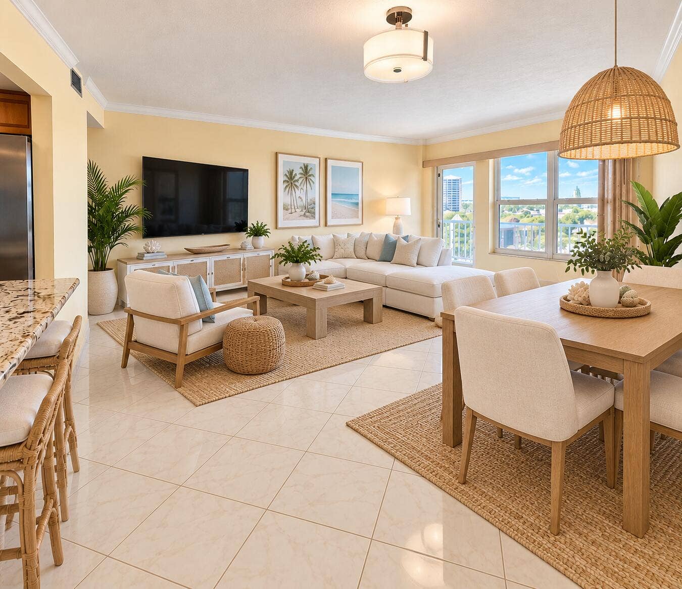 Open-concept living and dining area featuring tile flooring, a built-in media console, and large windows