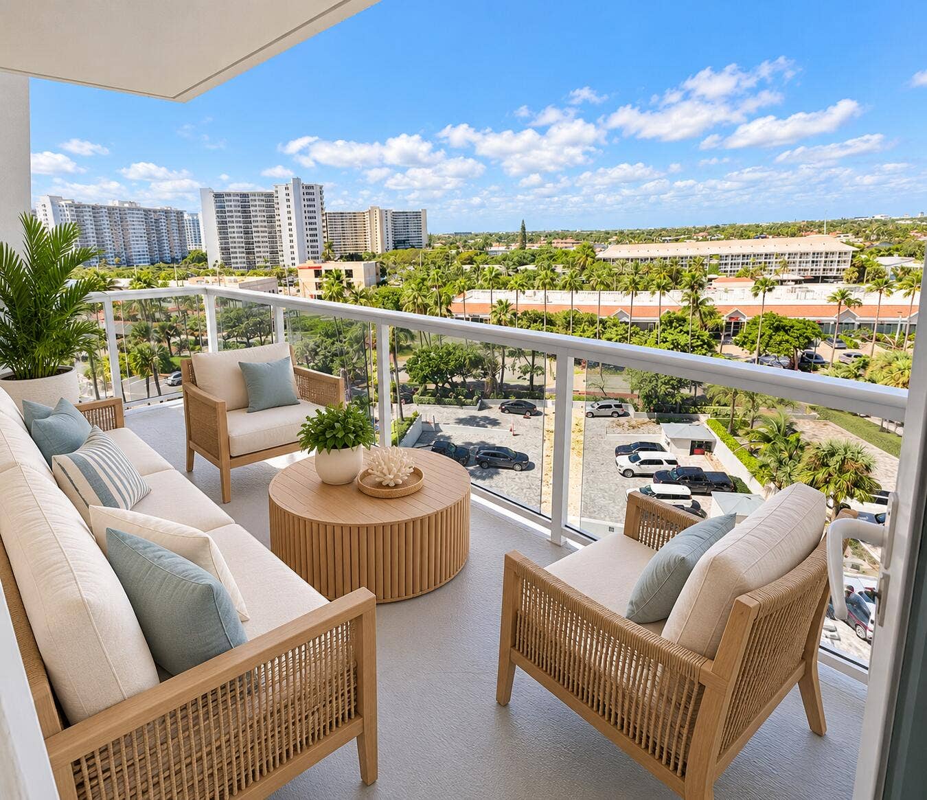 Balcony featuring glass panel railings, a solid overhead ceiling, and urban scenery