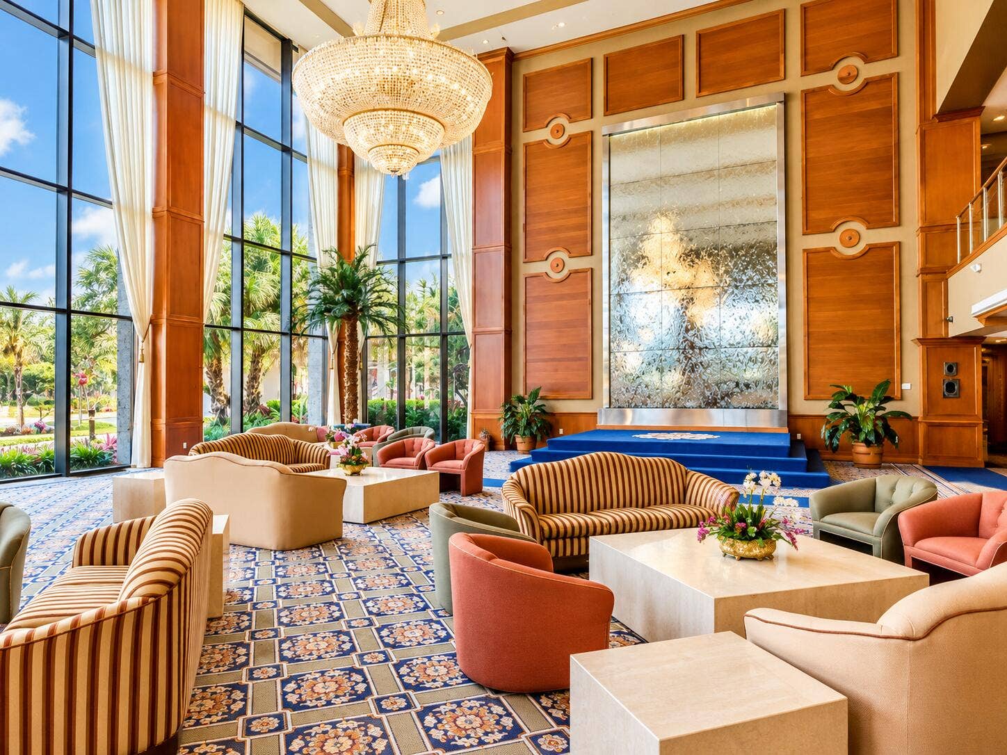 Sunlit Luxury Lobby with Crystal Chandel