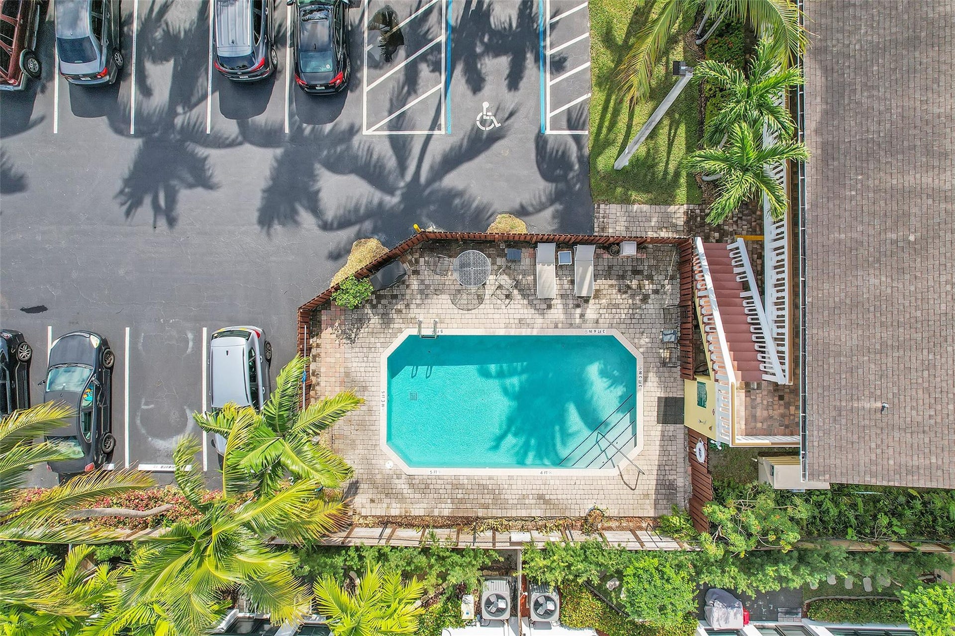 2655 NE 8th Avenue, #Apt 210, Wilton Manors, FL 33334 Paved parking area, rectangular swimming pool, brick paver pool deck, mature palm trees, multi-level exterior staircase