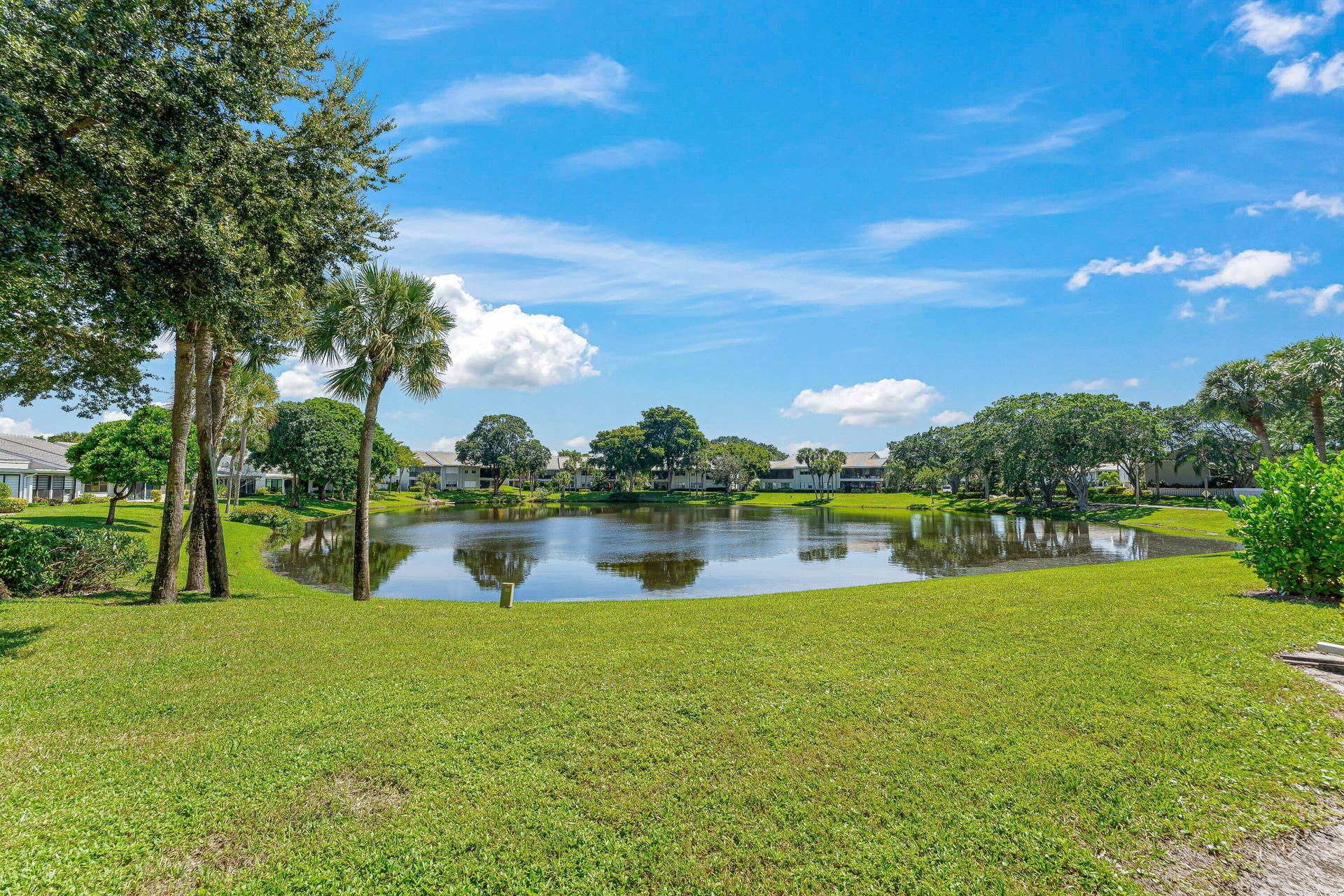 Expansive green space featuring a large pond and mature trees