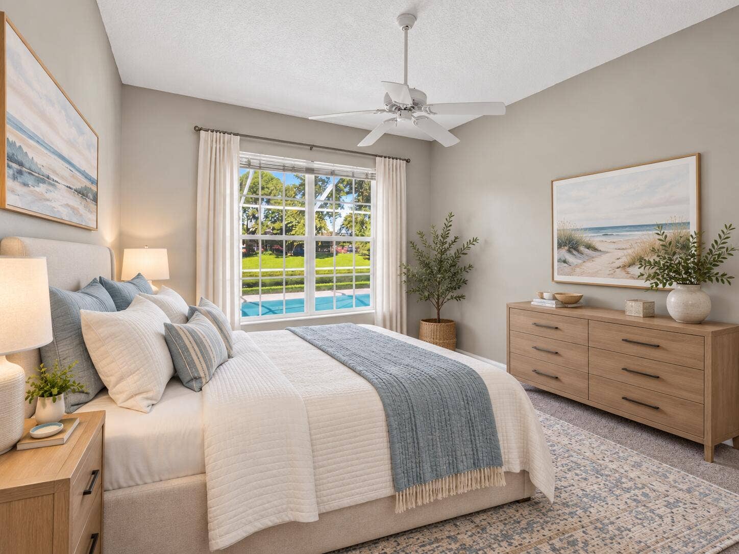 1081 Bedford Avenue, Palm Beach Gardens, FL 33403 Staged Primary Bedroom setup facing pool