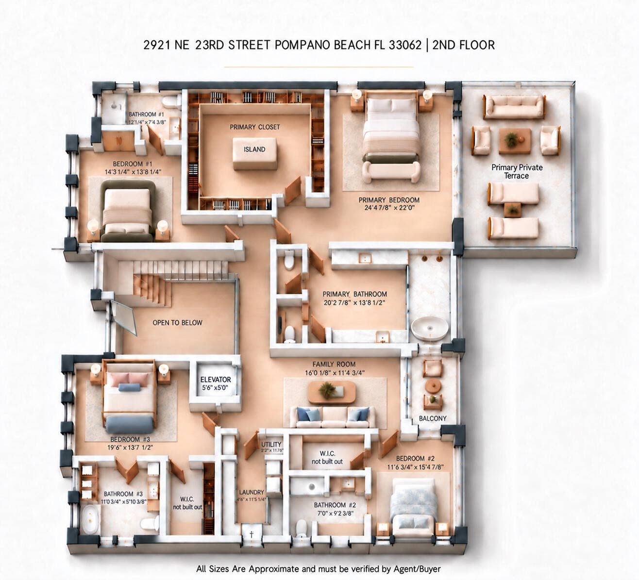 2921 NE 23RD Street, Pompano Beach, FL 33062 First Floor Plan virtual furniture - all sizes on floor plans are approximate not guaranteed and must be verified
